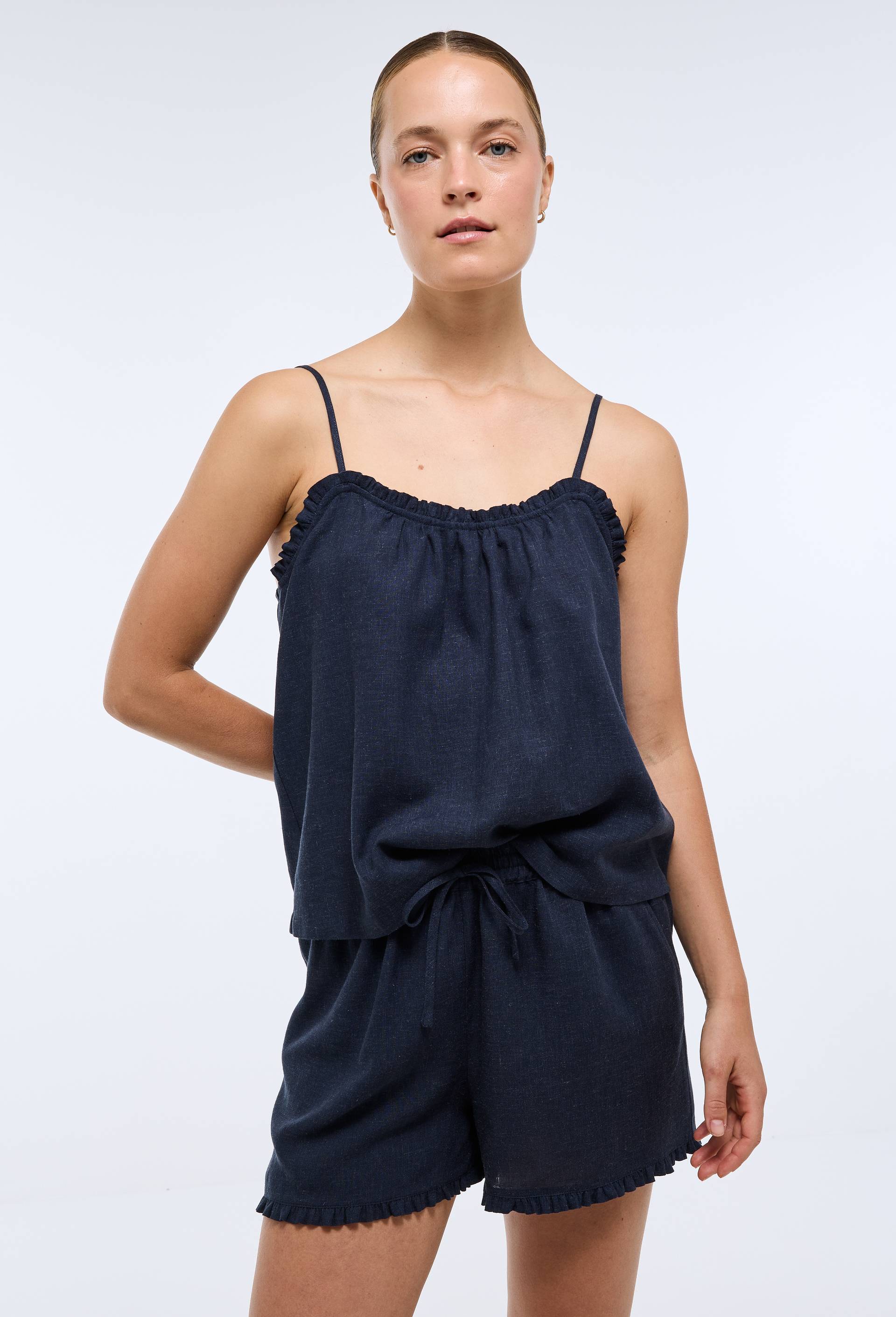 Pyjashort uni en viscose lin, Bleu fonc&eacute;, large image number 0