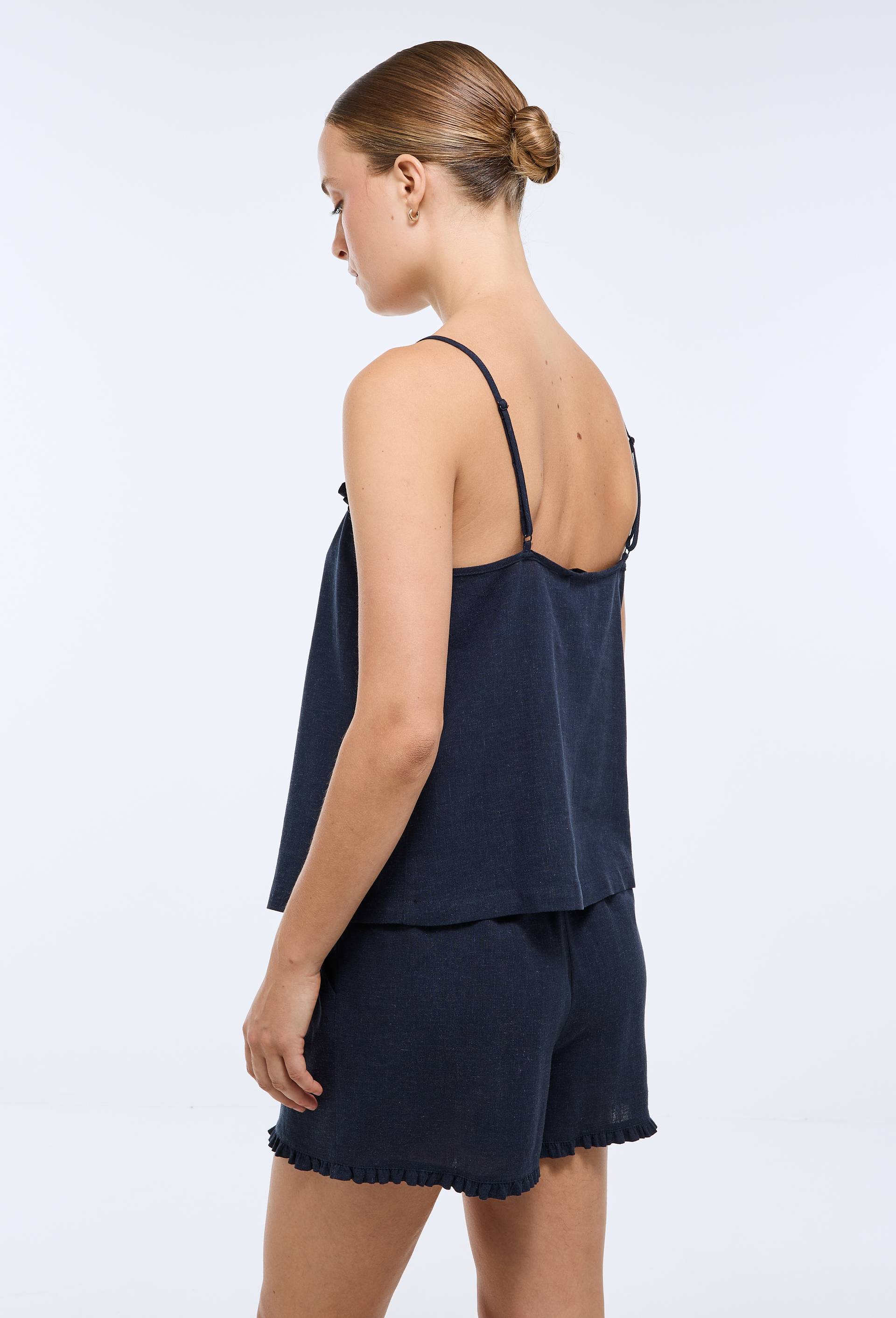 Pyjashort uni en viscose lin, Bleu fonc&eacute;, large image number 1