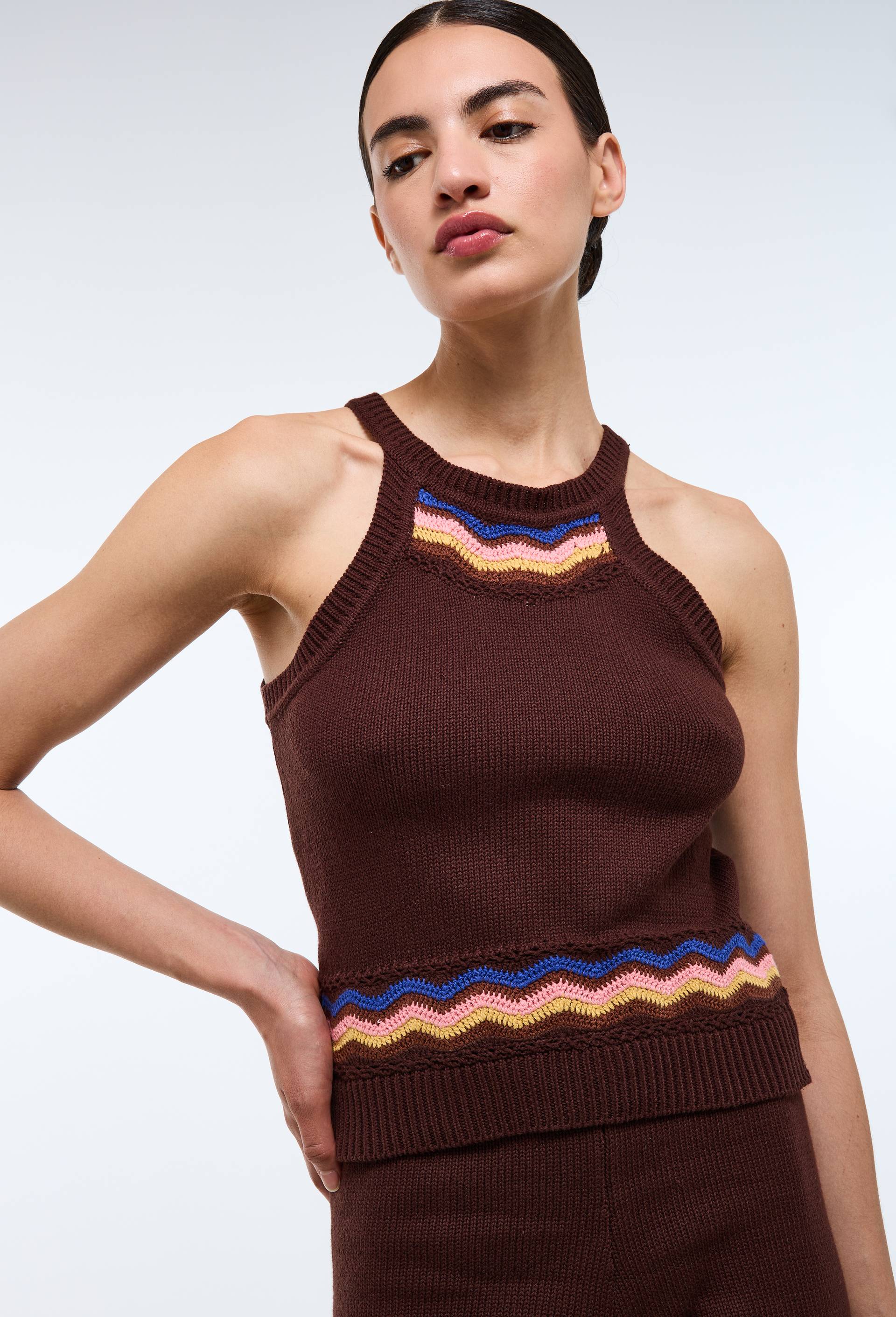 Top sans manche point crochet en coton - LOUIS BARTHELEMY x MONOPRIX, Brun, large image number 0