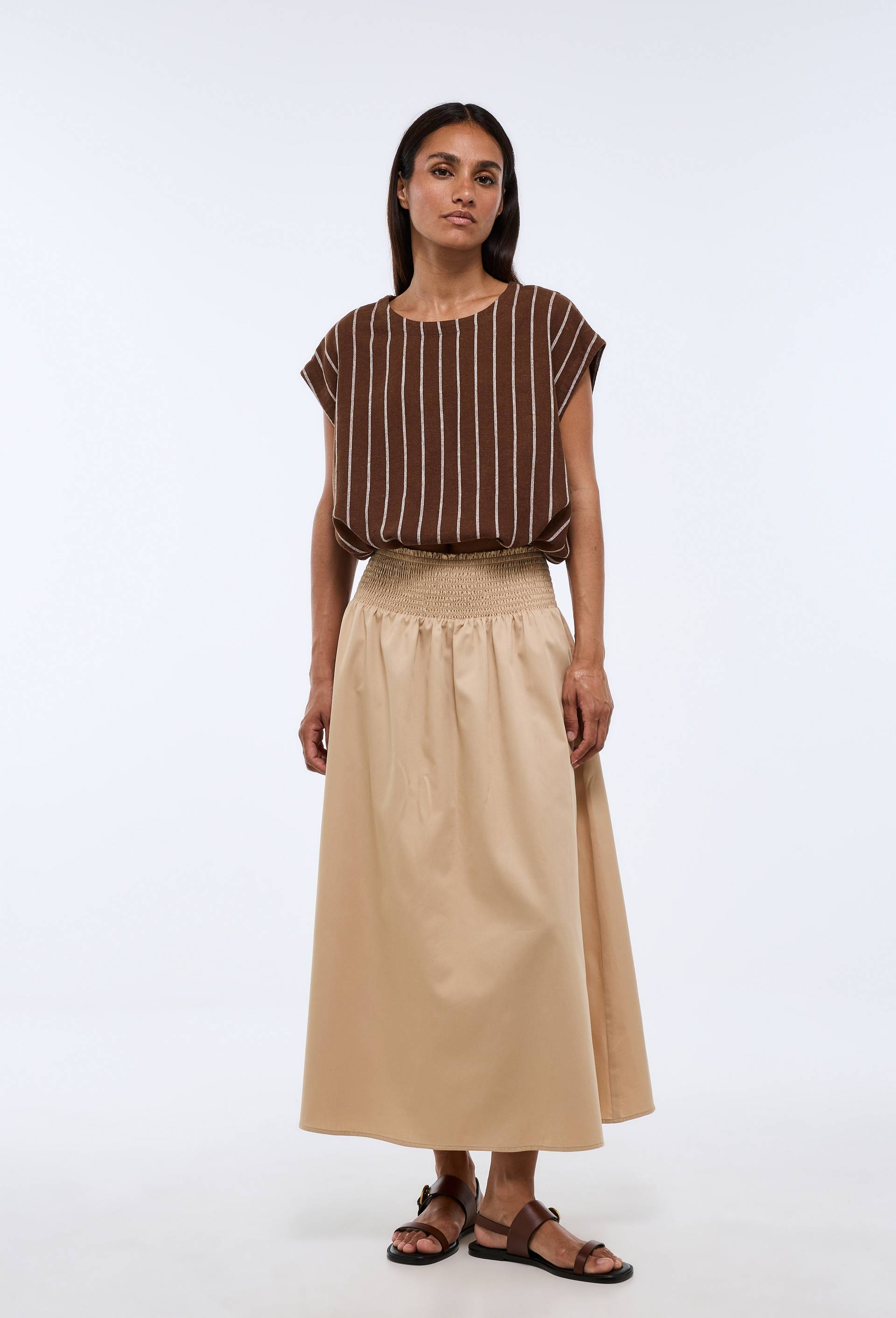 Jupe midi taille smock&eacute;e unie en coton BIO GOTS, Beige clair, large image number 0