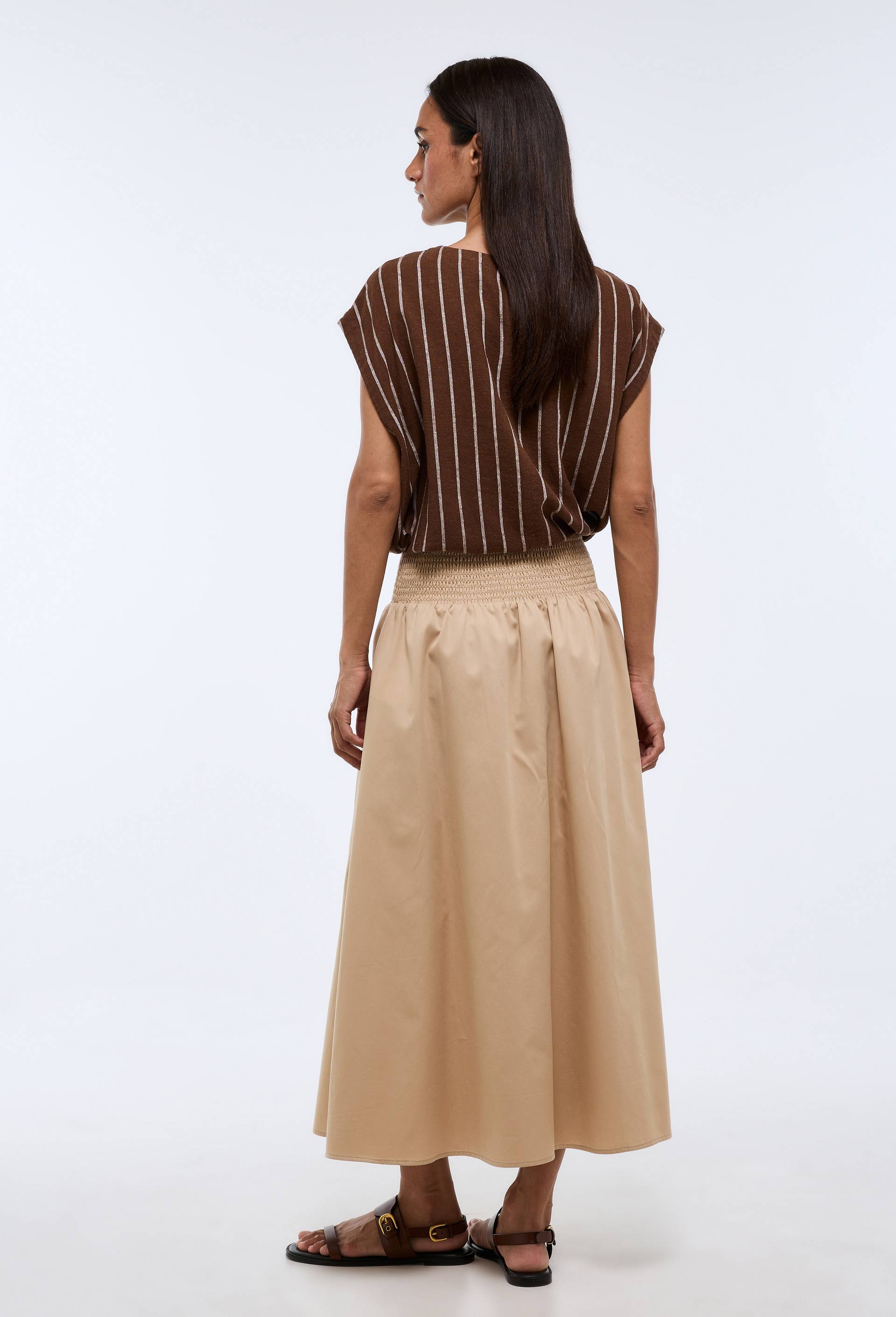 Jupe midi taille smock&eacute;e unie en coton BIO GOTS, Beige clair, large image number 1.0