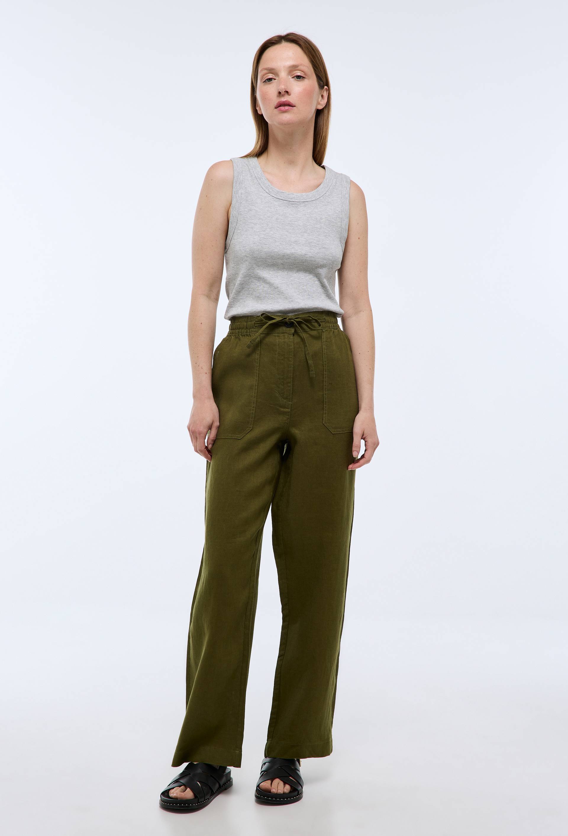 Pantalon taille semi-&eacute;lastiqu&eacute;e uni en lin, Vert fonc&eacute;, swatch image
