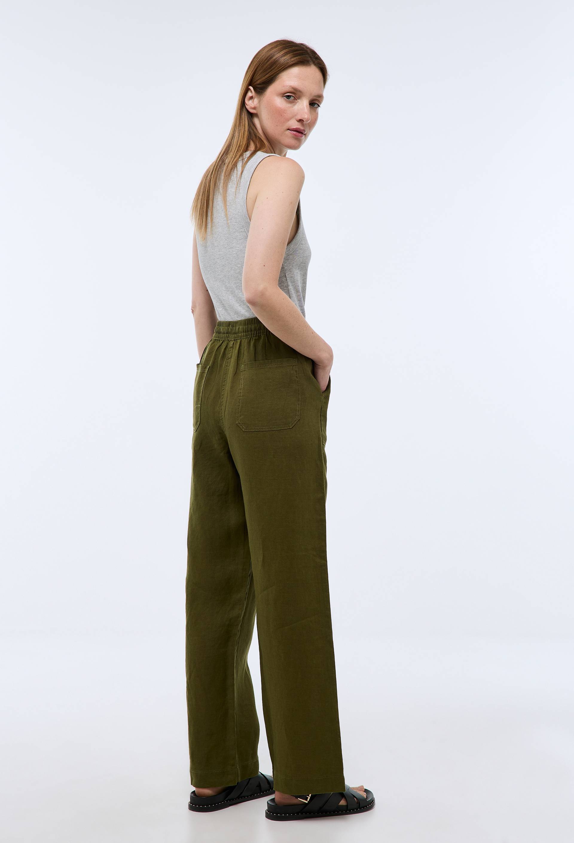 Pantalon taille semi-&eacute;lastiqu&eacute;e uni en lin, Vert fonc&eacute;, large image number 1.0