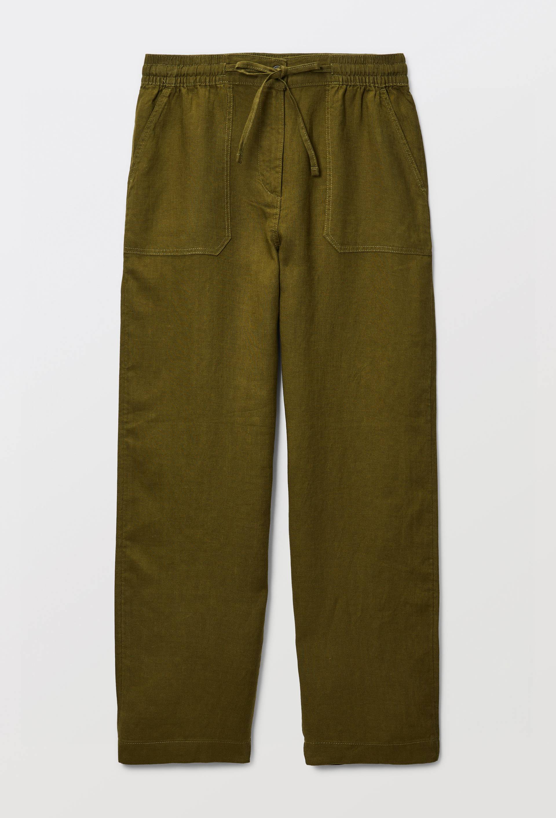 Pantalon taille semi-&eacute;lastiqu&eacute;e uni en lin, Vert fonc&eacute;, large image number 2