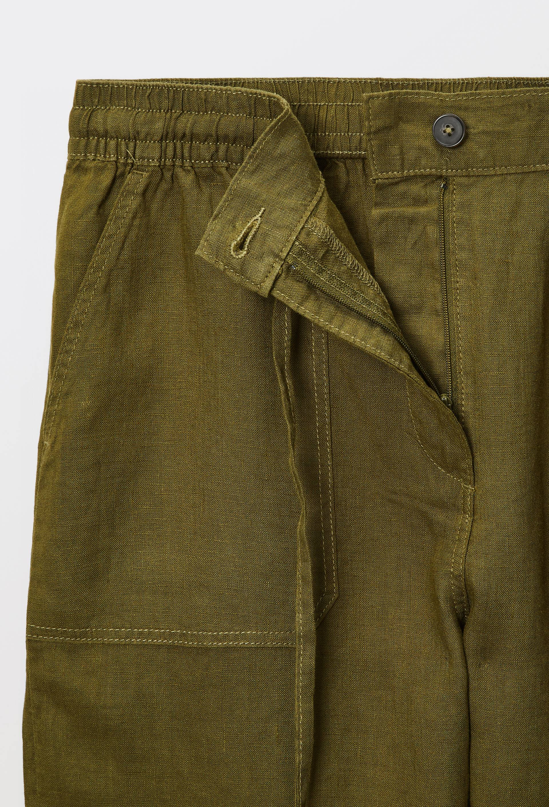Pantalon taille semi-&eacute;lastiqu&eacute;e uni en lin, Vert fonc&eacute;, large image number 3