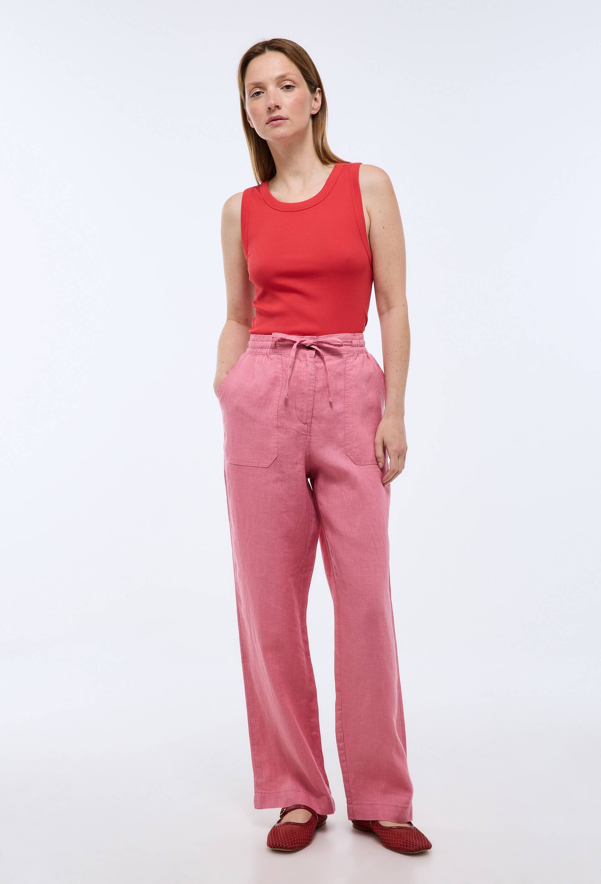 Pantalon taille semi-&eacute;lastiqu&eacute;e uni en lin, Rose, large image number 0