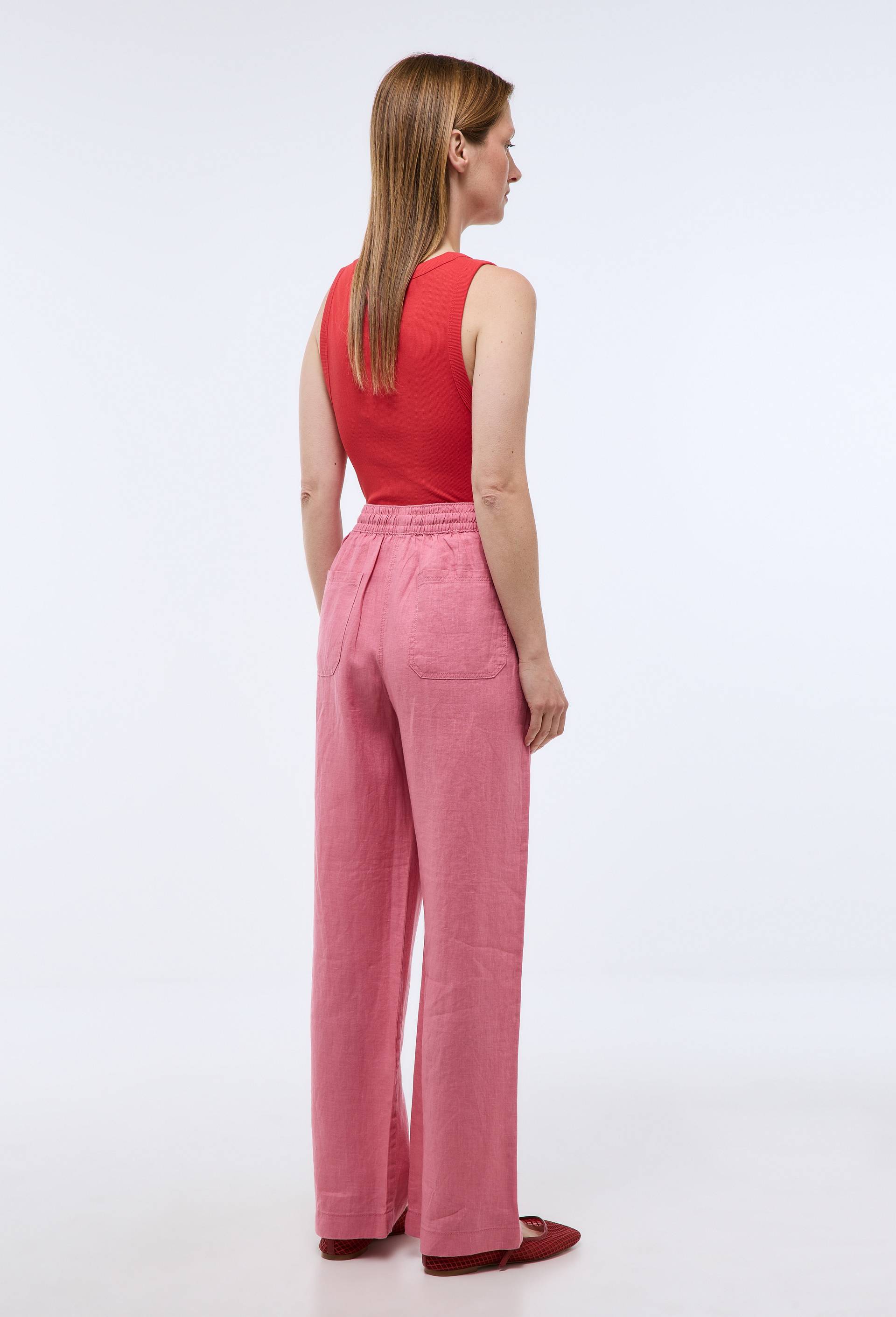 Pantalon taille semi-&eacute;lastiqu&eacute;e uni en lin, Rose, large image number 1.0