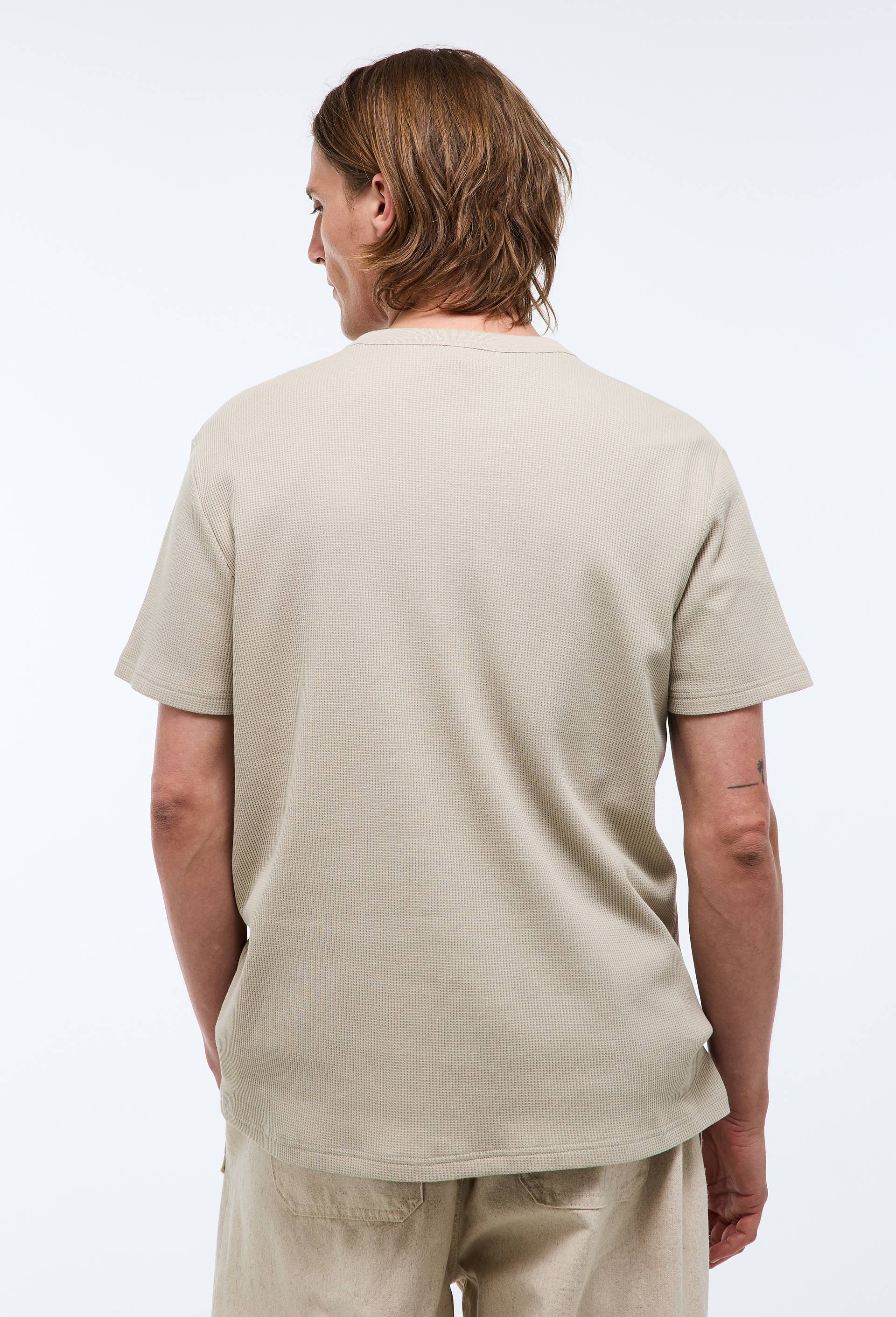 T-shirt manches courtes col tunisien gaufr&eacute; en coton BIO GOTS, Beige clair, large image number 1