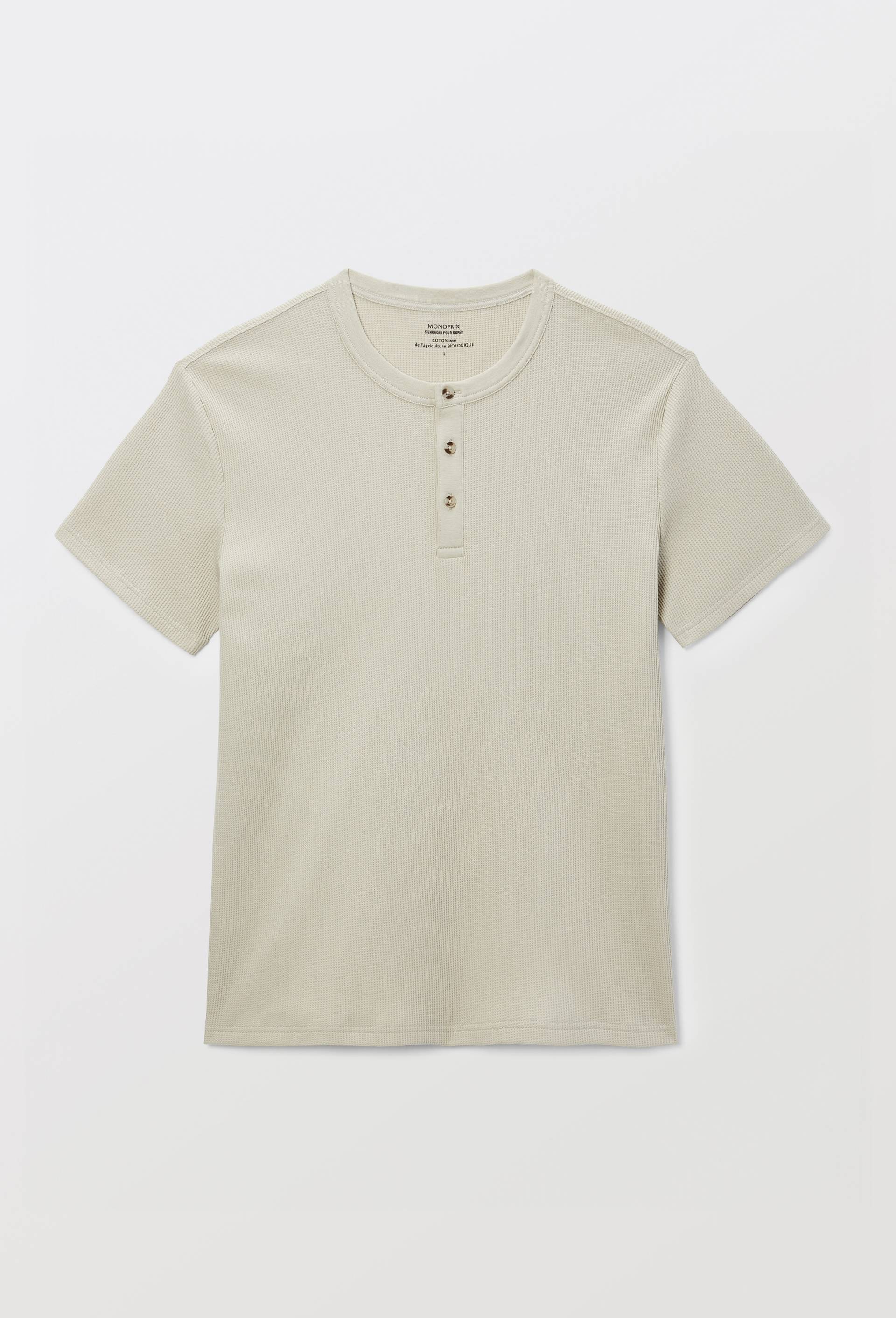 T-shirt manches courtes col tunisien gaufr&eacute; en coton BIO GOTS, Beige clair, large image number 2