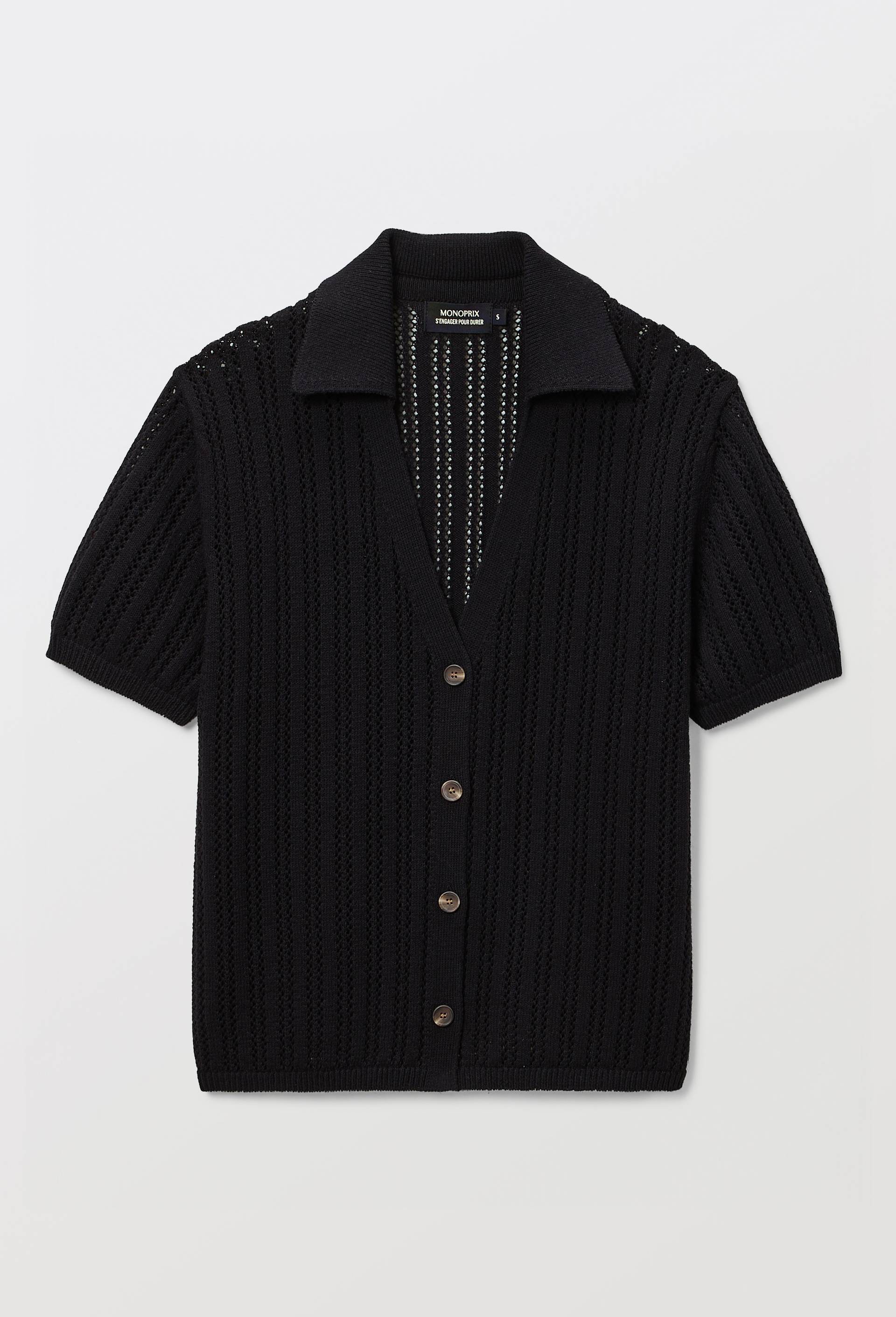 Cardigan col polo manches courtes en maille ajour&eacute;e, Noir, large image number 2.0