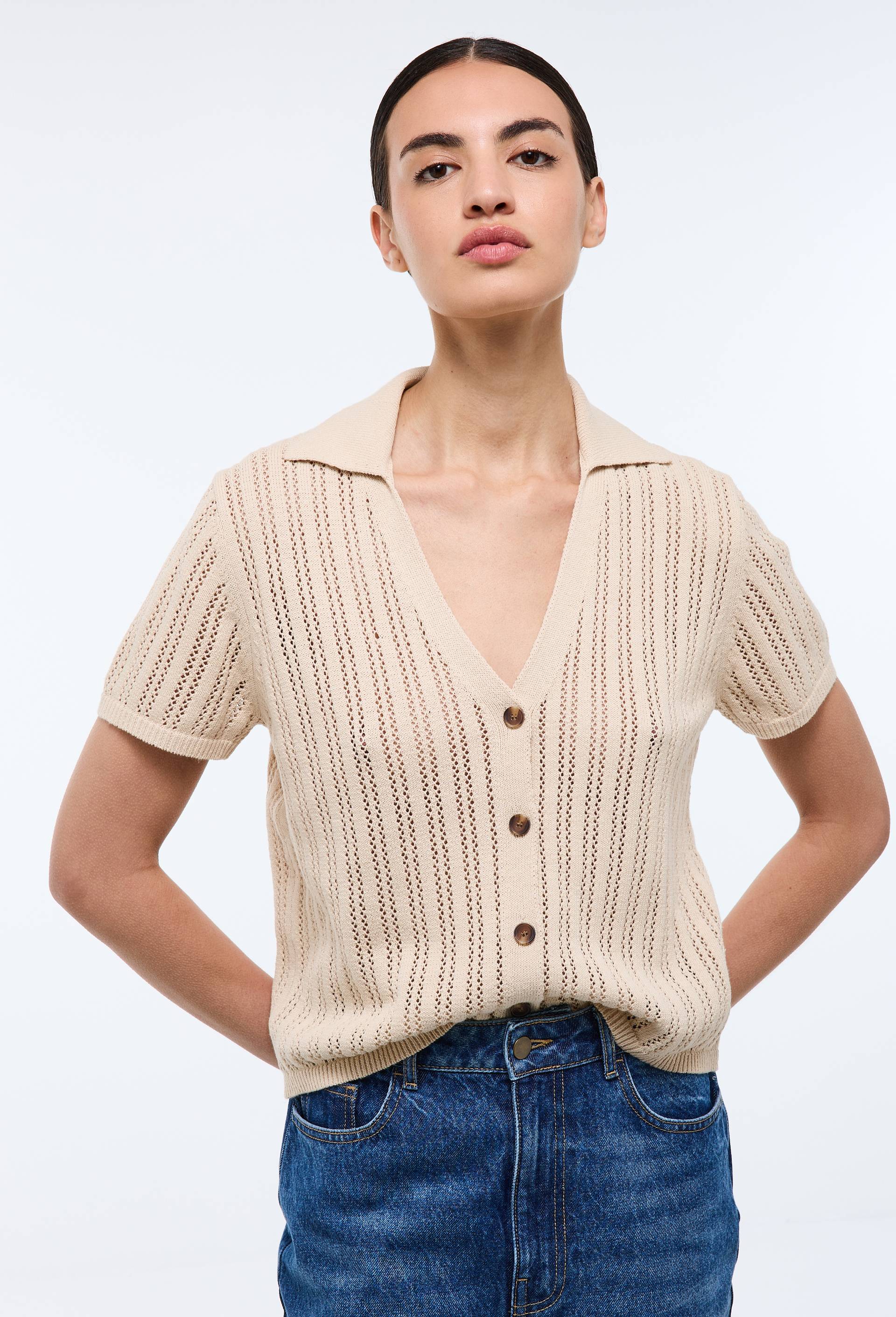 Cardigan col polo manches courtes en maille ajour&eacute;e, Beige clair, large image number 0.0