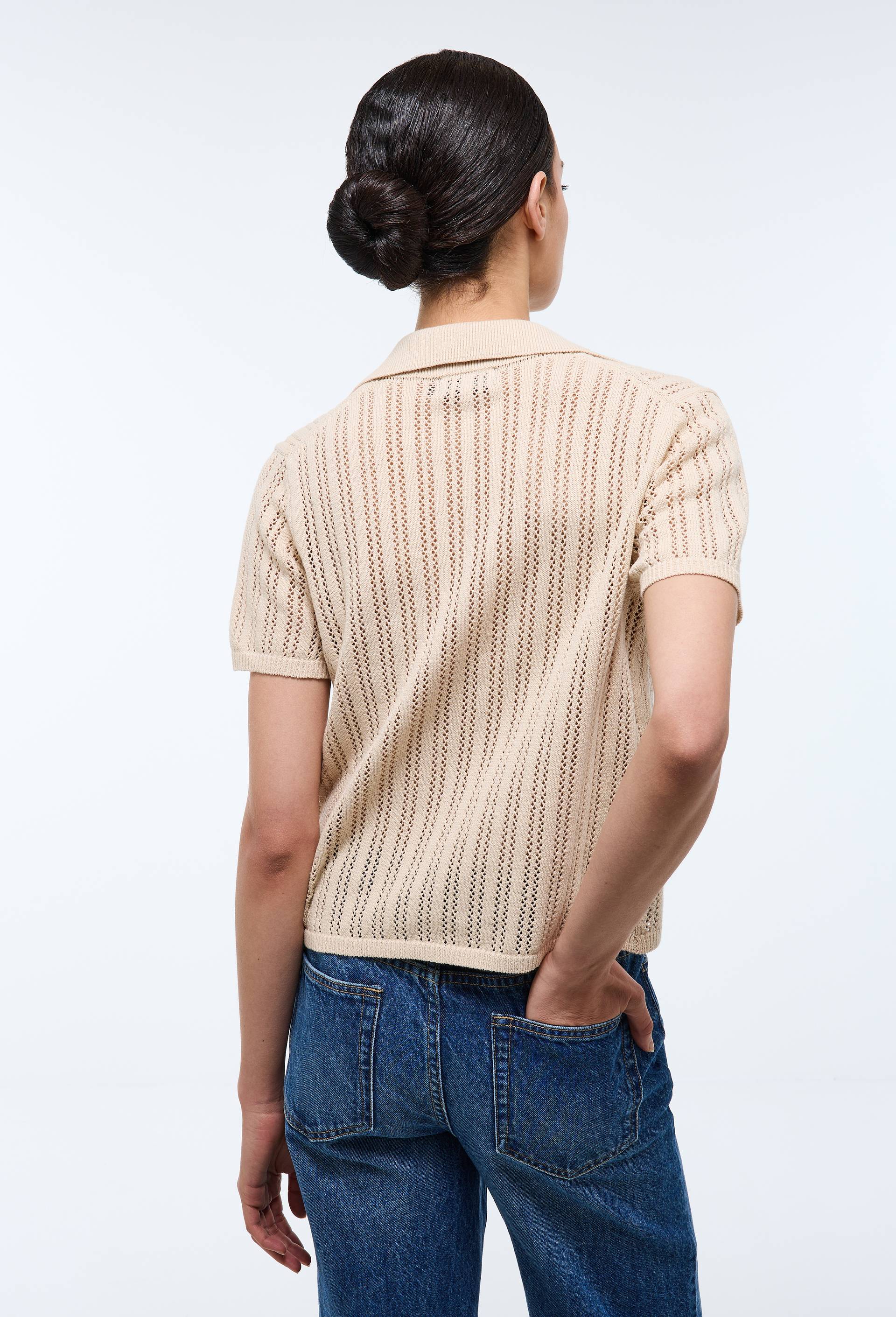 Cardigan col polo manches courtes en maille ajour&eacute;e, Beige clair, large image number 1.0