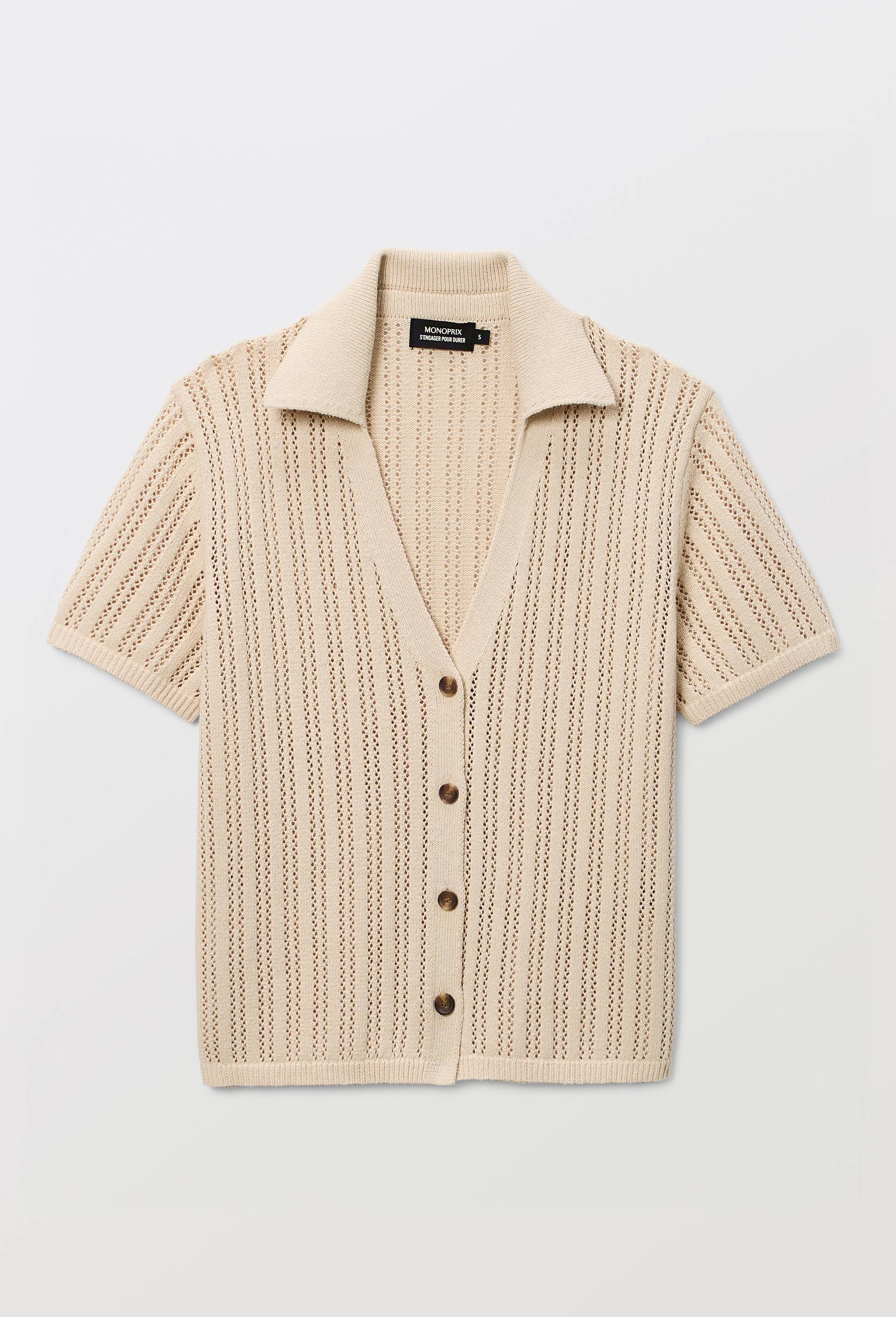 Cardigan col polo manches courtes en maille ajour&eacute;e, Beige clair, large image number 2
