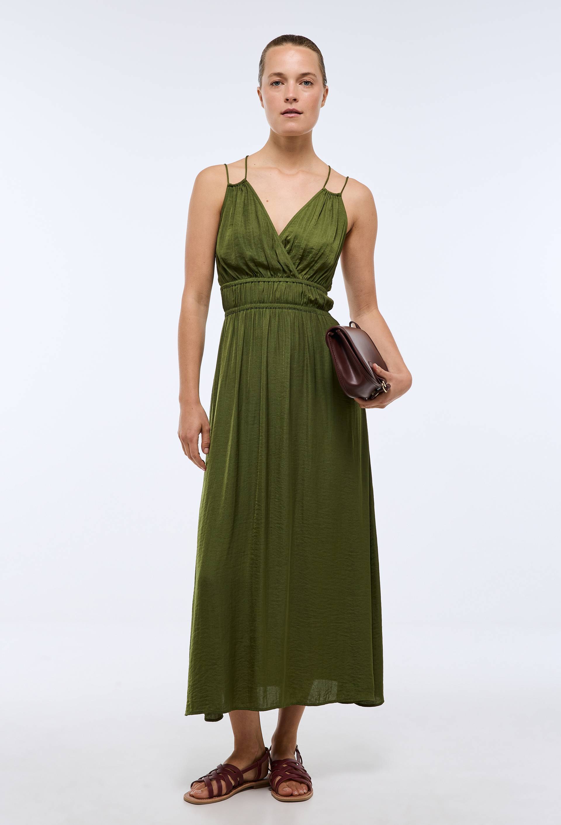 Robe midi satin&eacute;e &eacute;lastiqu&eacute;e taille, Vert fonc&eacute;, large image number 0