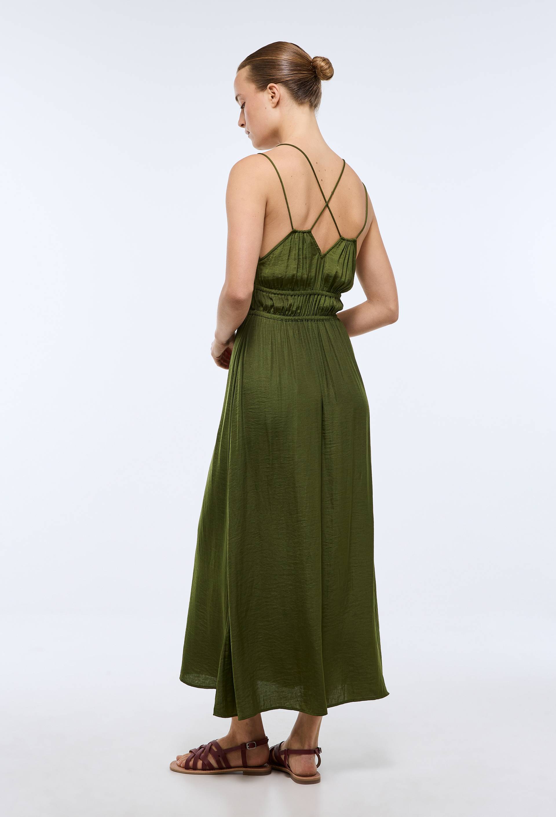 Robe midi satin&eacute;e &eacute;lastiqu&eacute;e taille, Vert fonc&eacute;, large image number 1