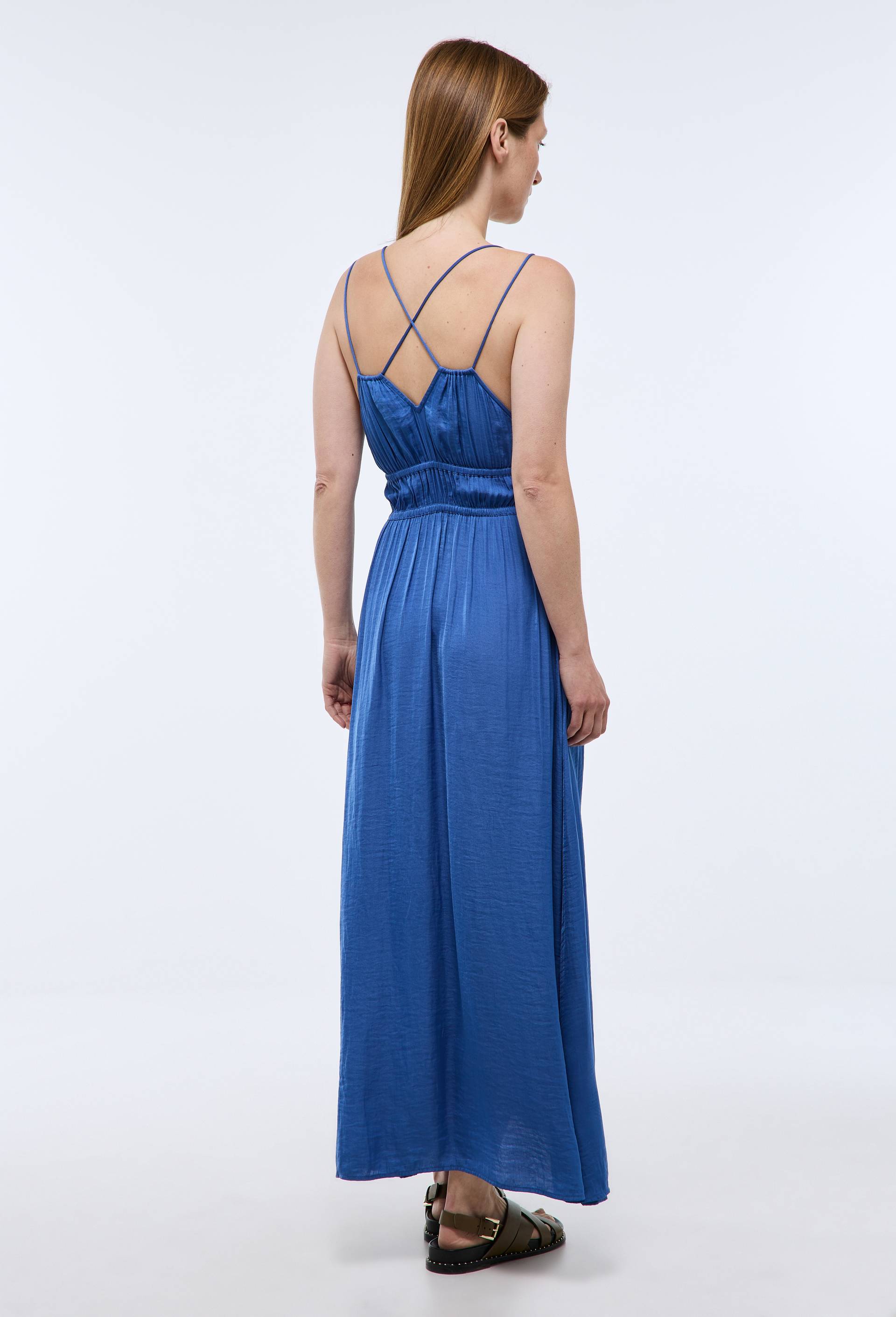 Robe midi satin&eacute;e &eacute;lastiqu&eacute;e taille, Bleu, large image number 1