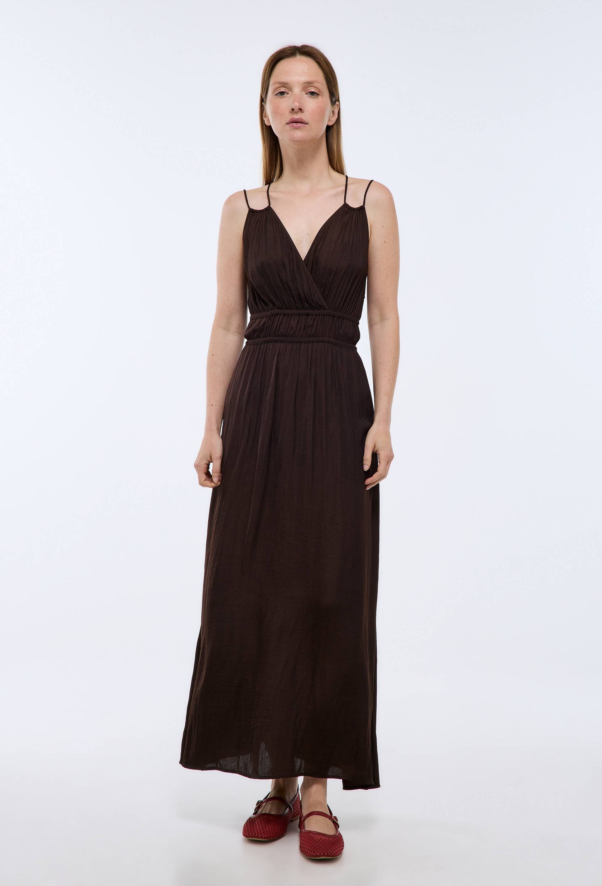 Robe midi satin&eacute;e &eacute;lastiqu&eacute;e taille, Brun fonc&eacute;, large image number 0