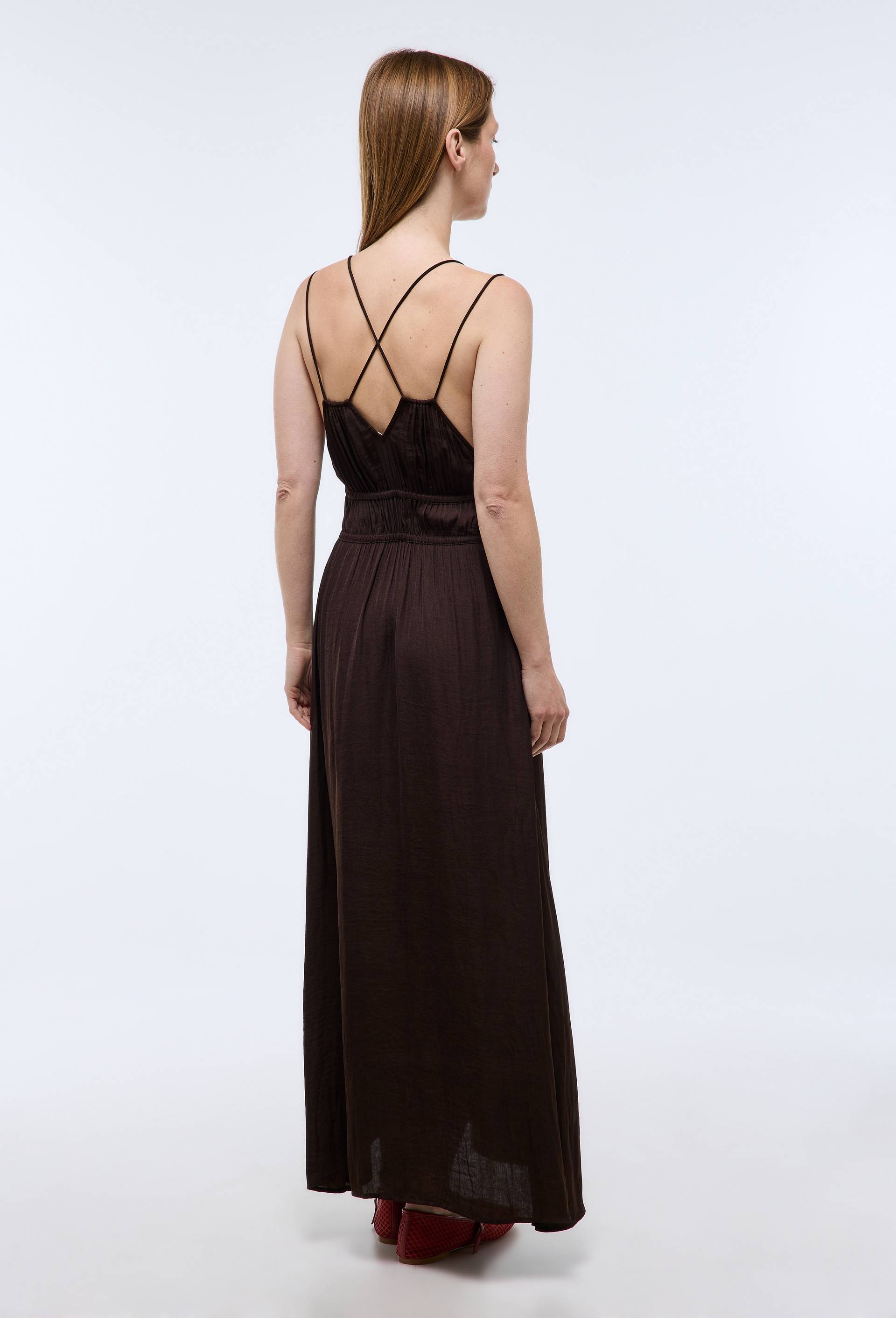 Robe midi satin&eacute;e &eacute;lastiqu&eacute;e taille, Brun fonc&eacute;, large image number 1.0