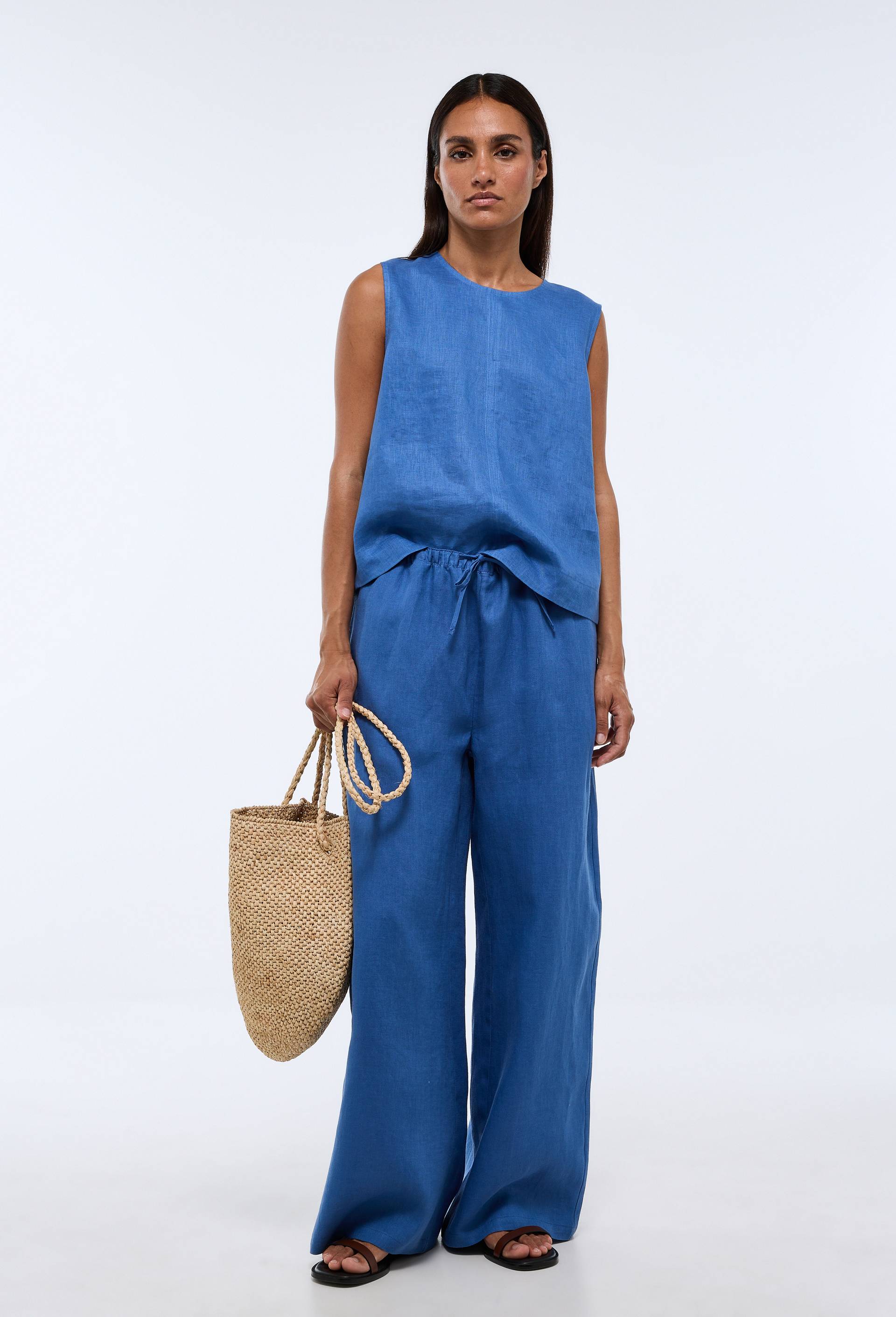Pantalon en lin avec cordon &agrave; la taille, Bleu, large image number 0.0