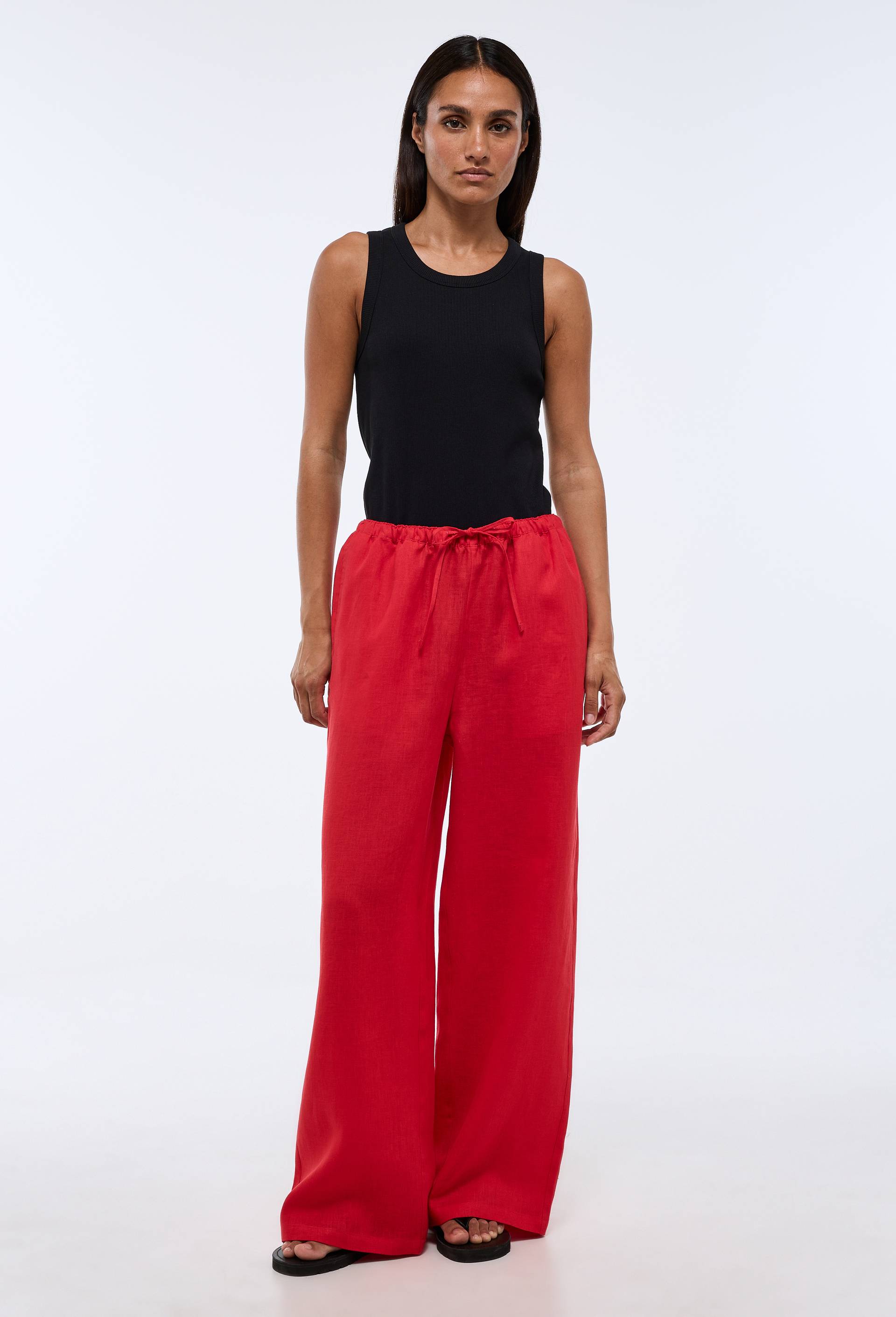 Pantalon en lin avec cordon &agrave; la taille, Rouge, swatch image
