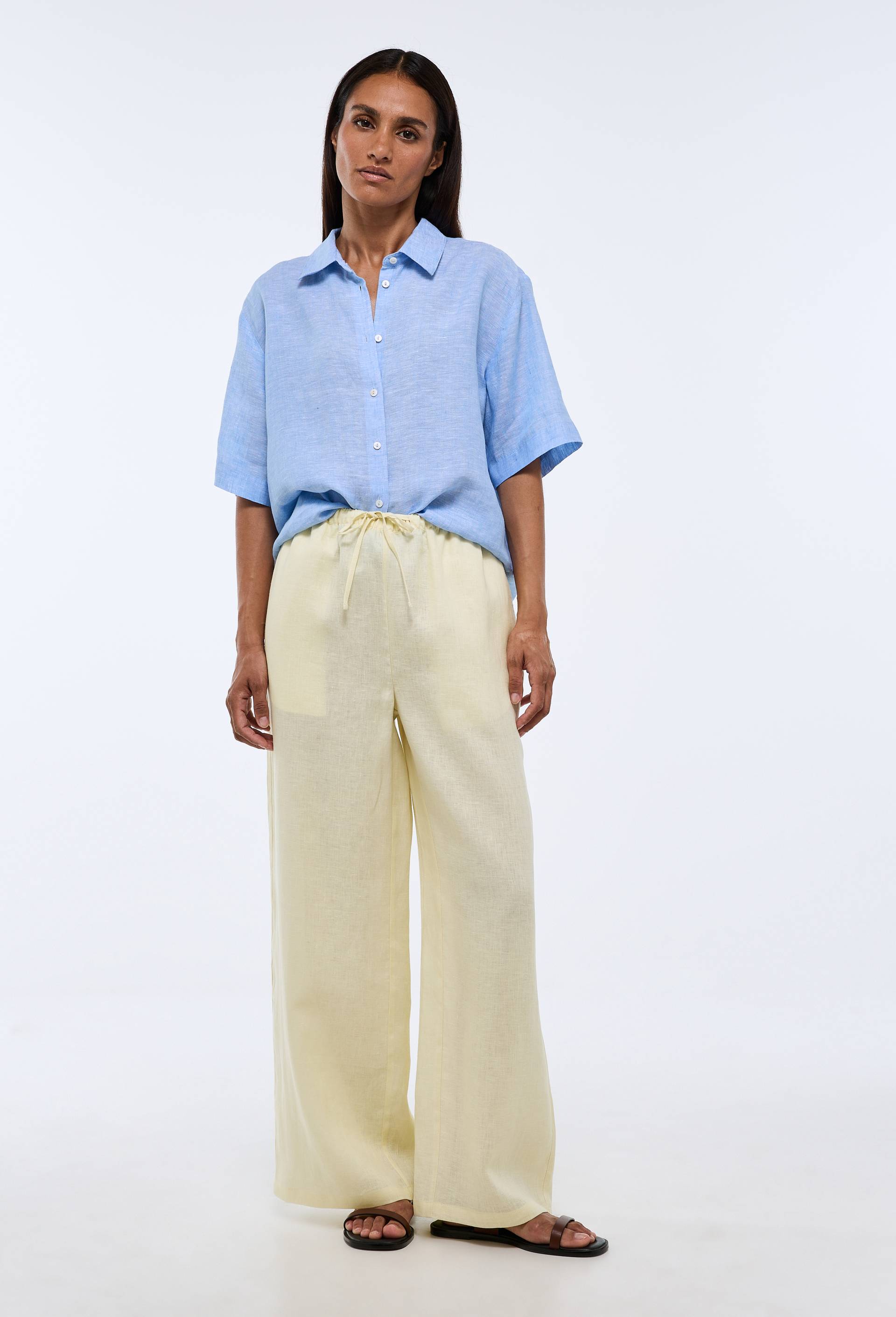 Pantalon en lin avec cordon &agrave; la taille, Jaune clair, swatch image