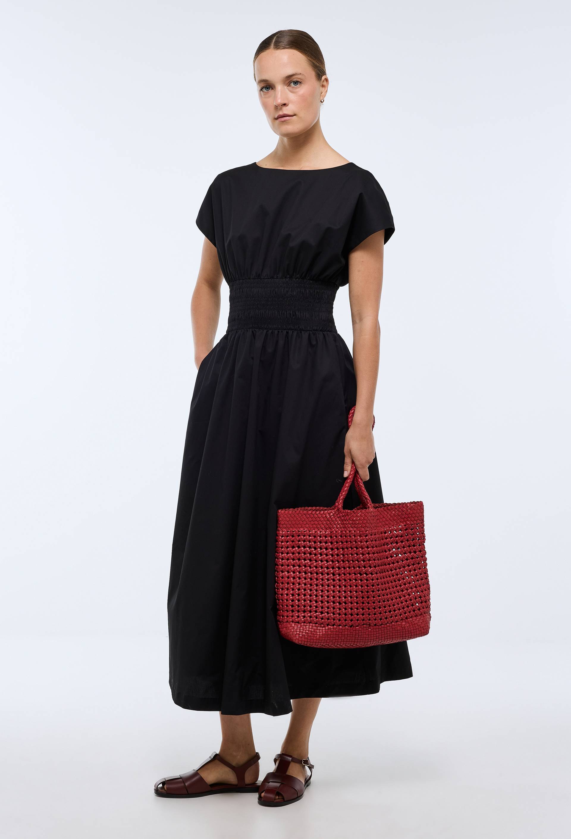 Robe midi cintr&eacute;e en coton BIO GOTS, Noir, swatch image