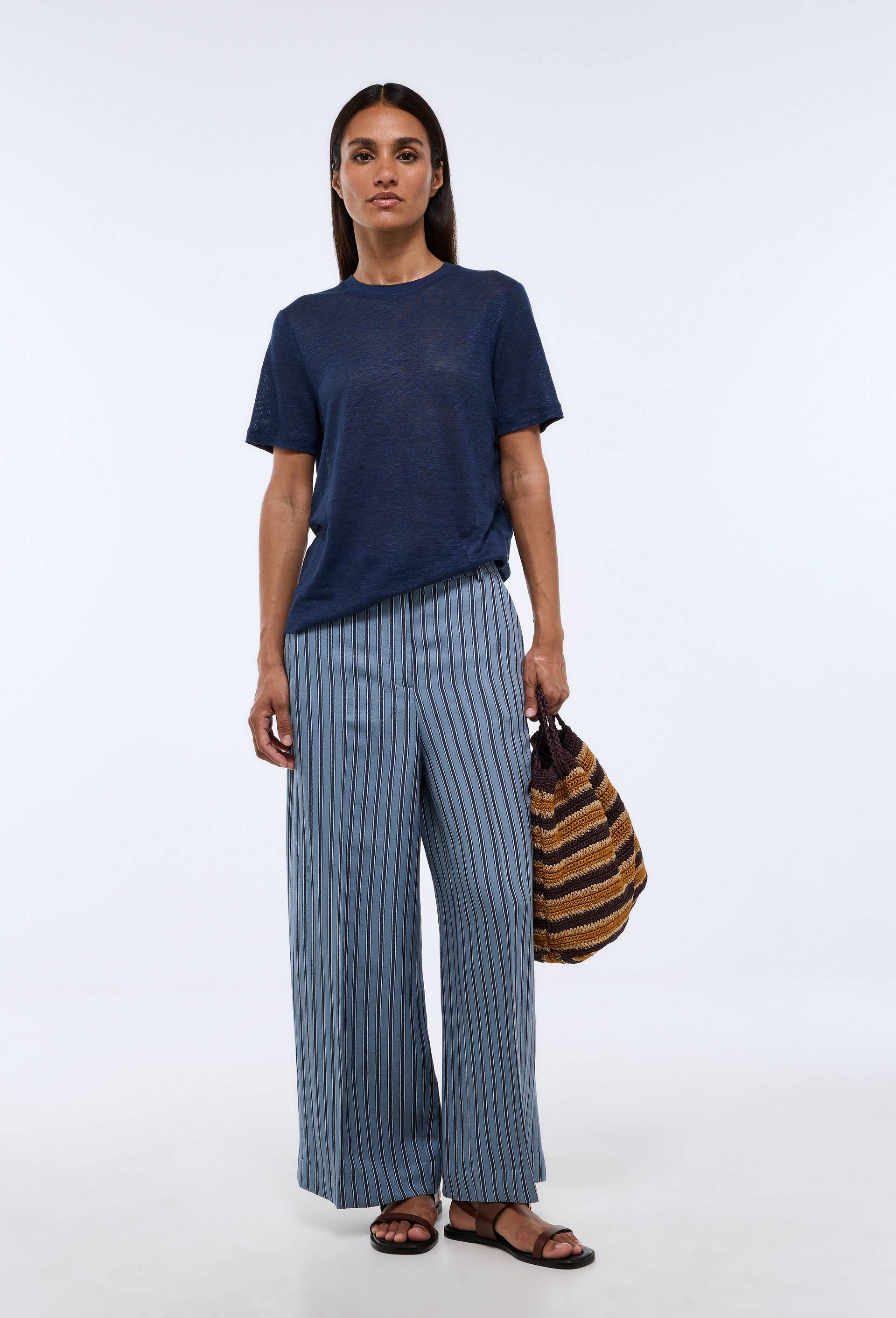 Pantalon large ray&eacute; contenant du lin, Bleu, large image number 0.0