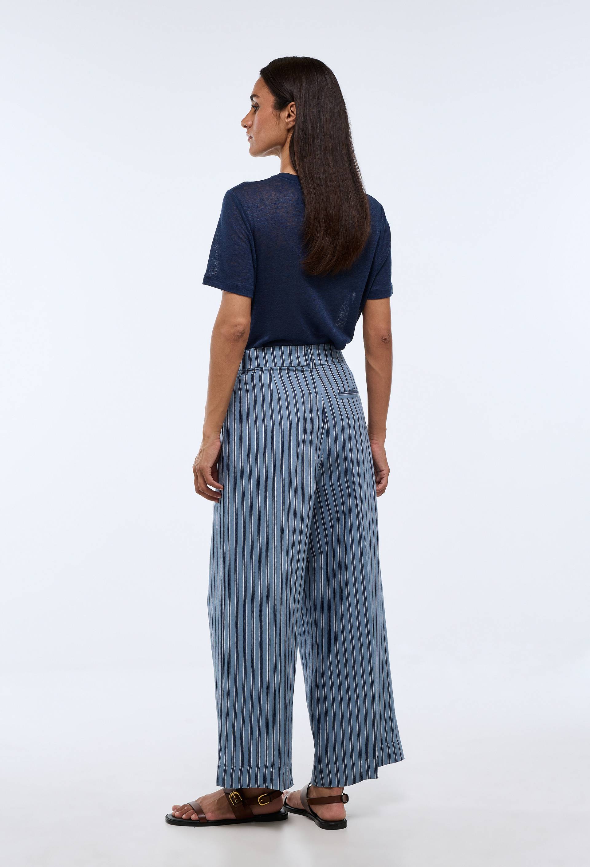 Pantalon large ray&eacute; contenant du lin, Bleu, large image number 1.0