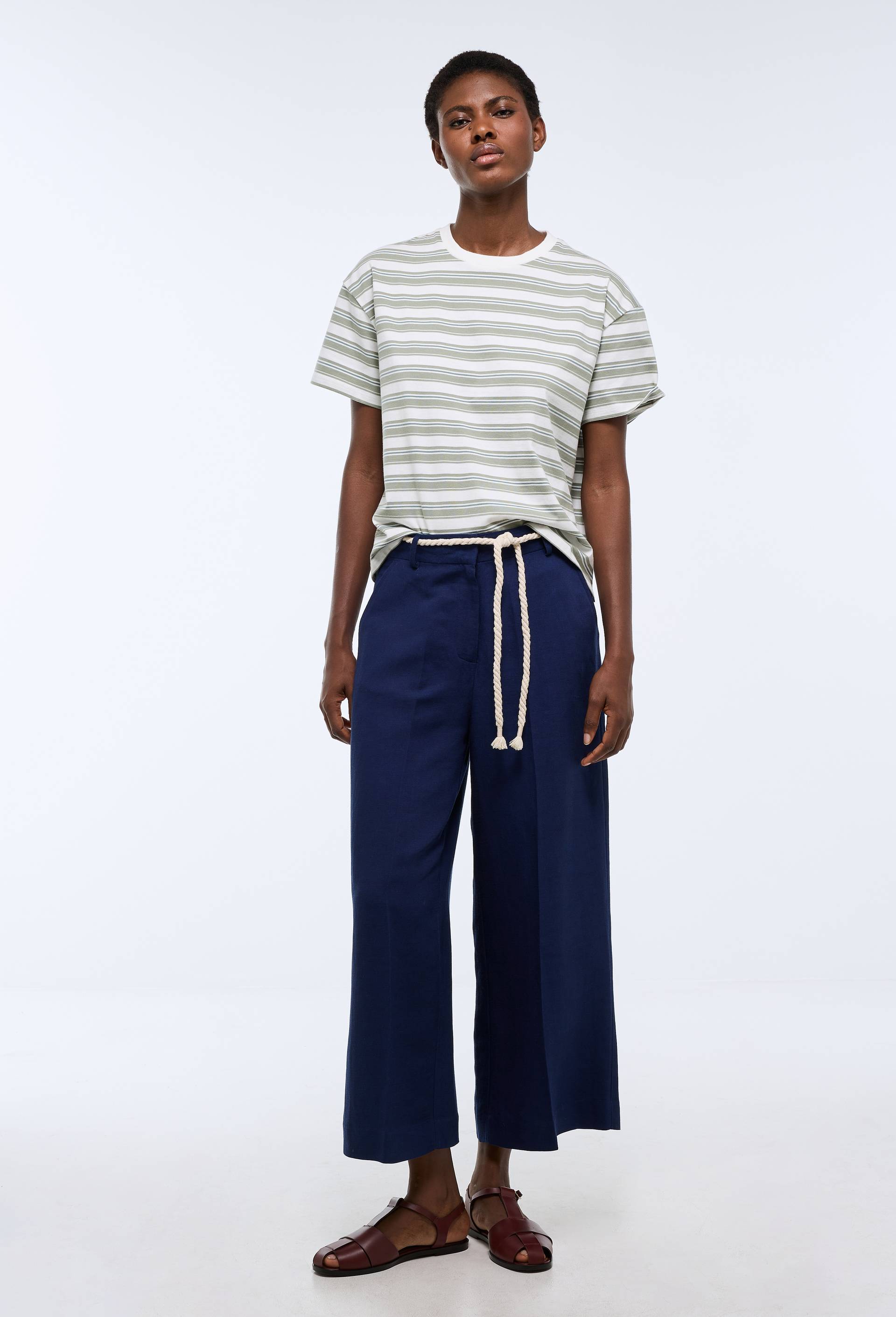 Pantalon large uni contenant du lin, Bleu fonc&eacute;, large image number 0.0