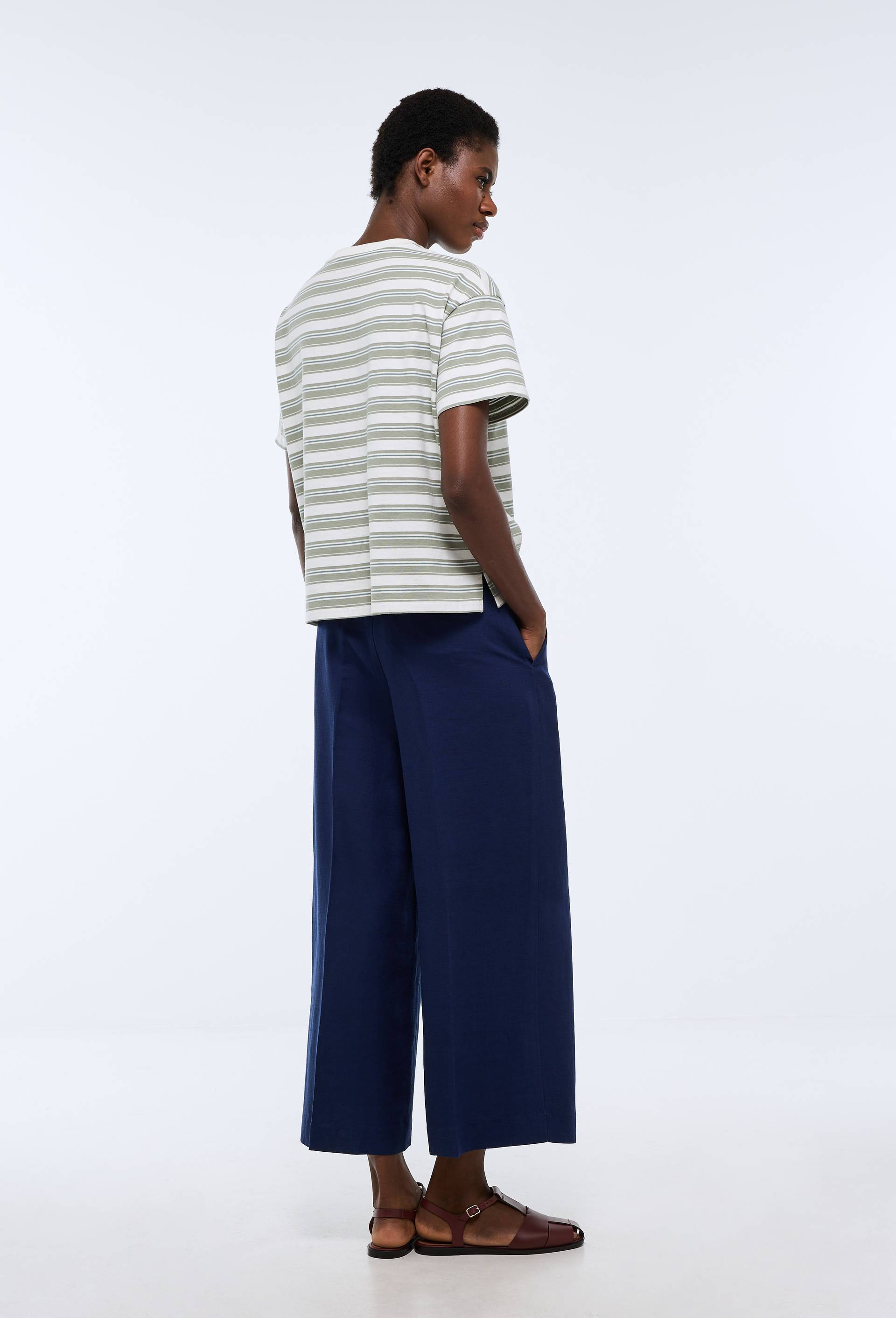 Pantalon large uni contenant du lin, Bleu fonc&eacute;, large image number 1