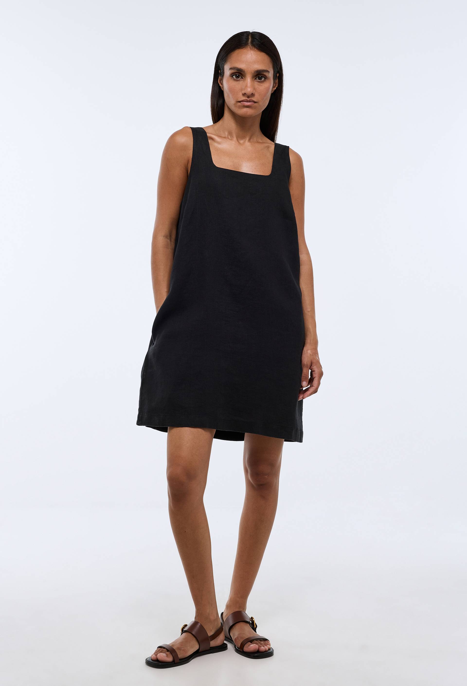 Robe courte unie en lin, Noir, large image number 0