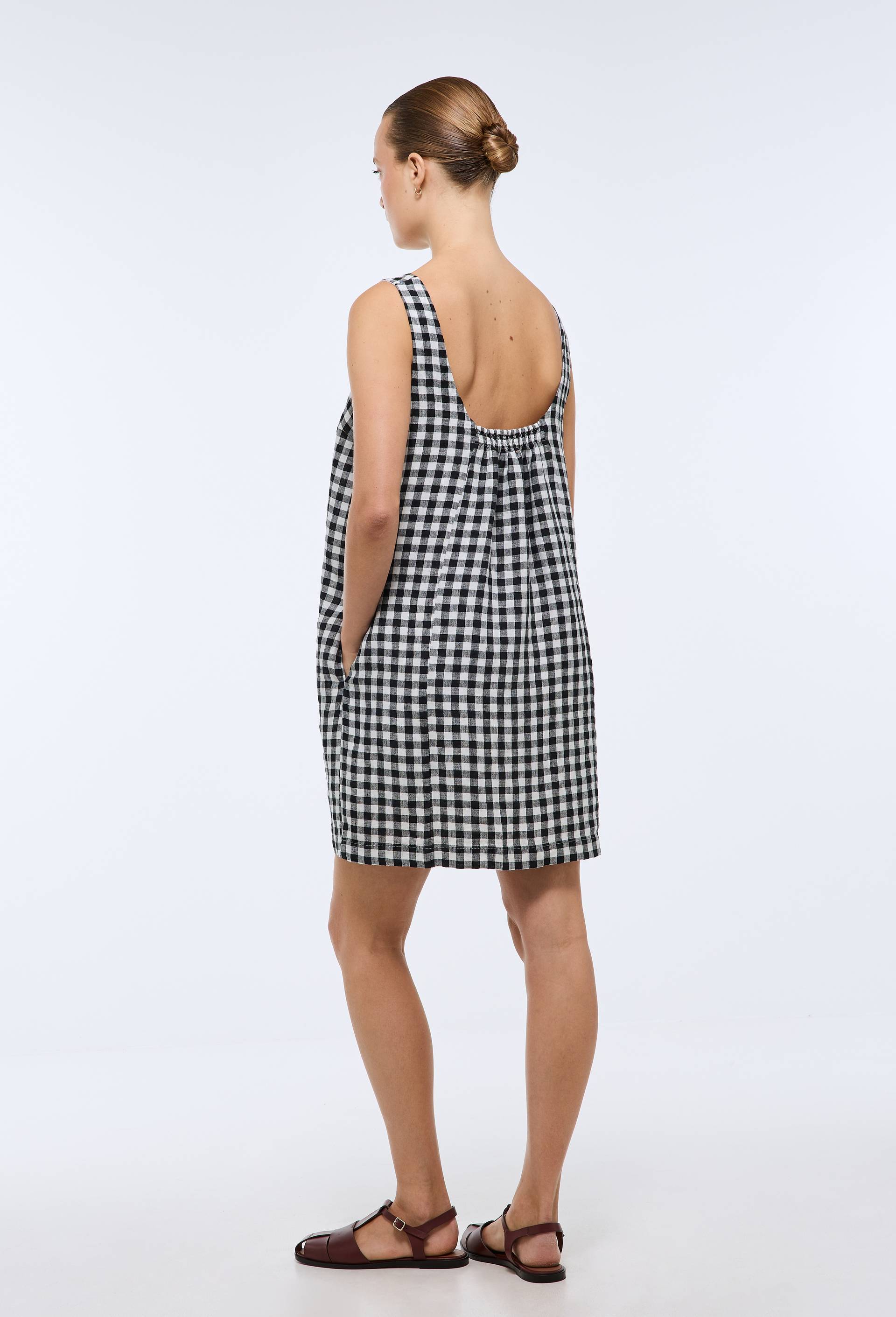 Robe courte vichy en lin, Noir, large image number 1