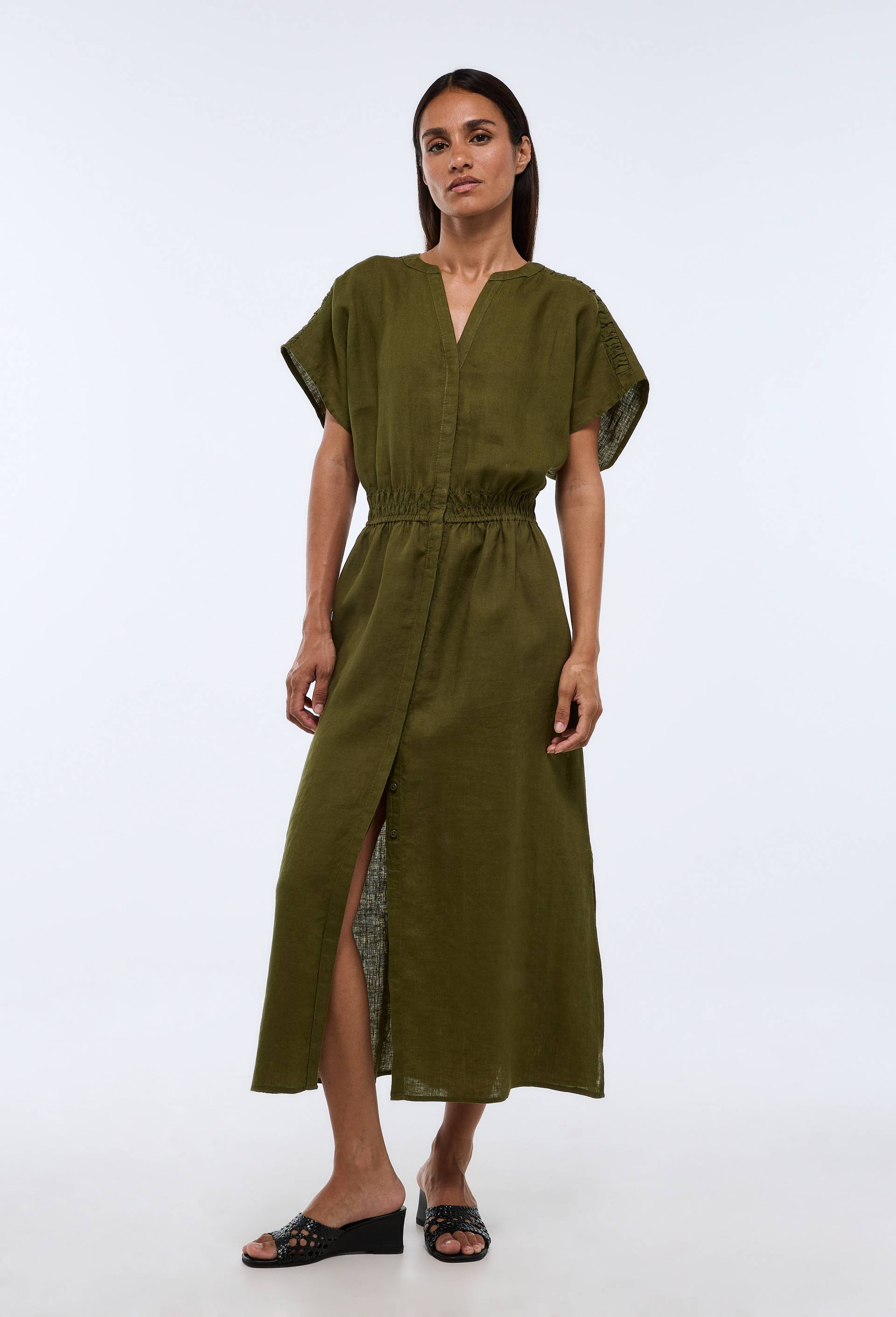 Robe midi unie en lin, Vert fonc&eacute;, swatch image