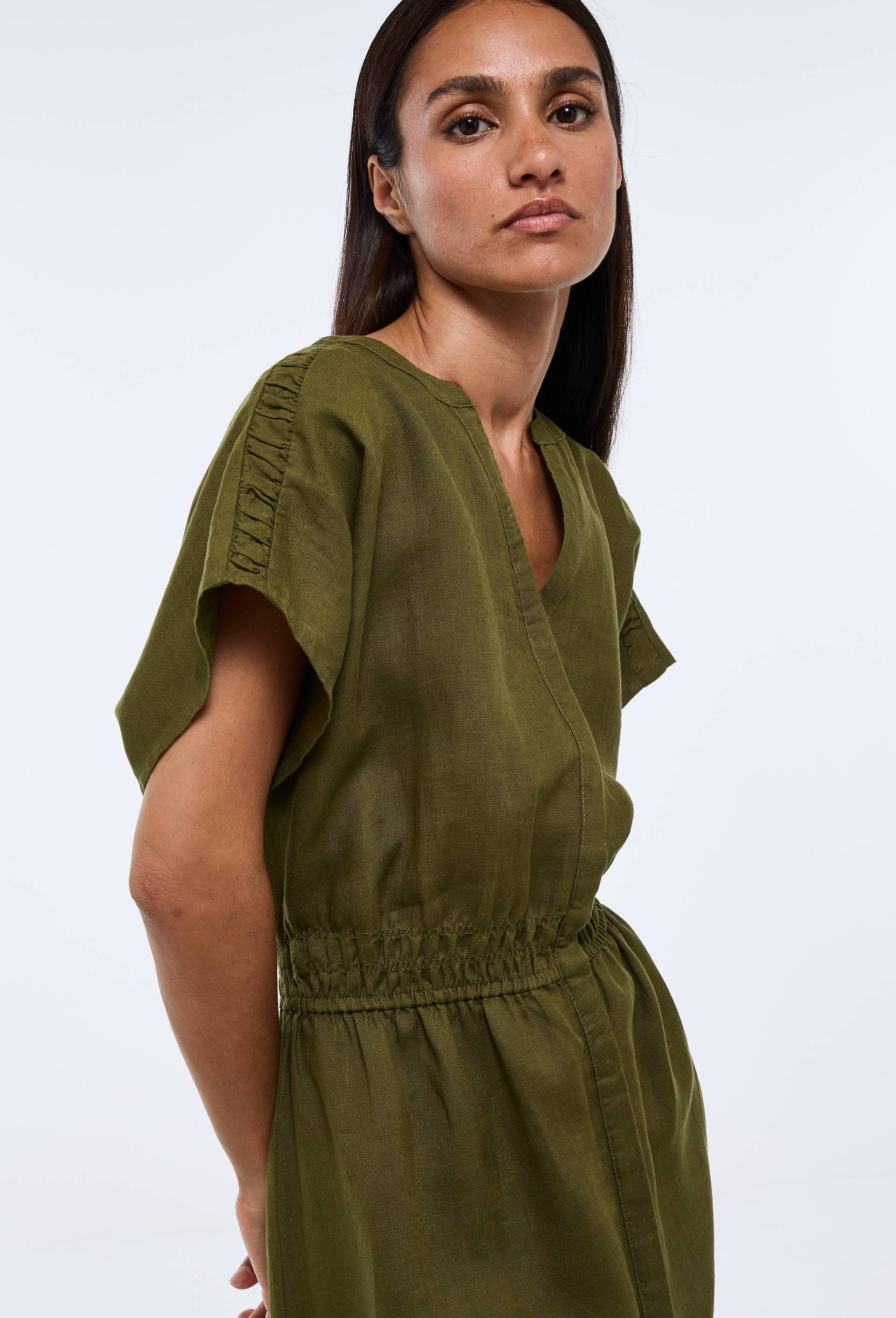 Robe midi unie en lin, Vert fonc&eacute;, large image number 1.0