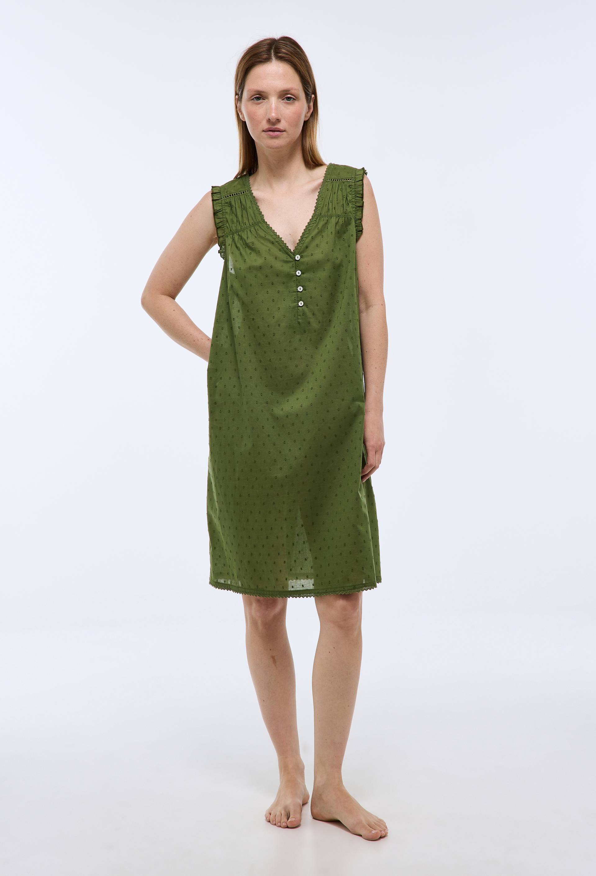 Chemise de nuit unie en plumetis de coton BIO GOTS, Vert fonc&eacute;, large image number 0