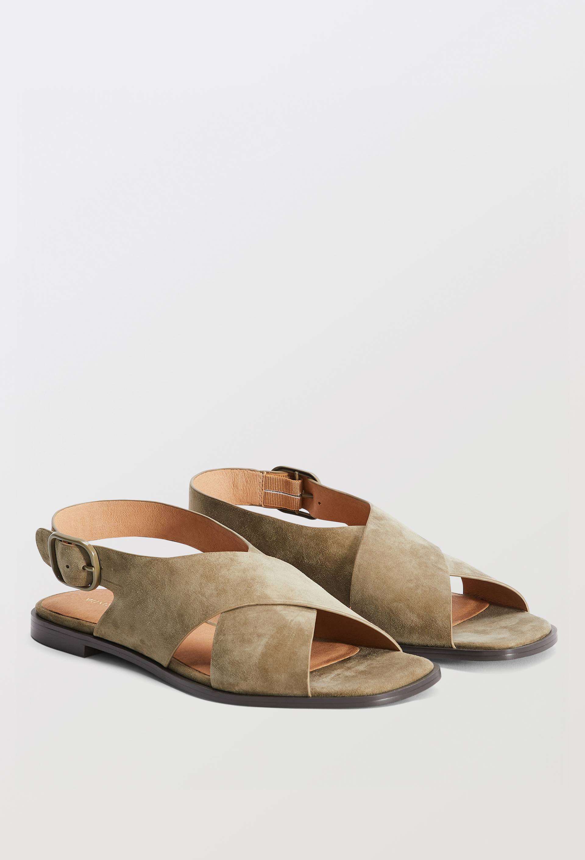 Sandales crois&eacute;es en cuir, Vert fonc&eacute;, swatch image