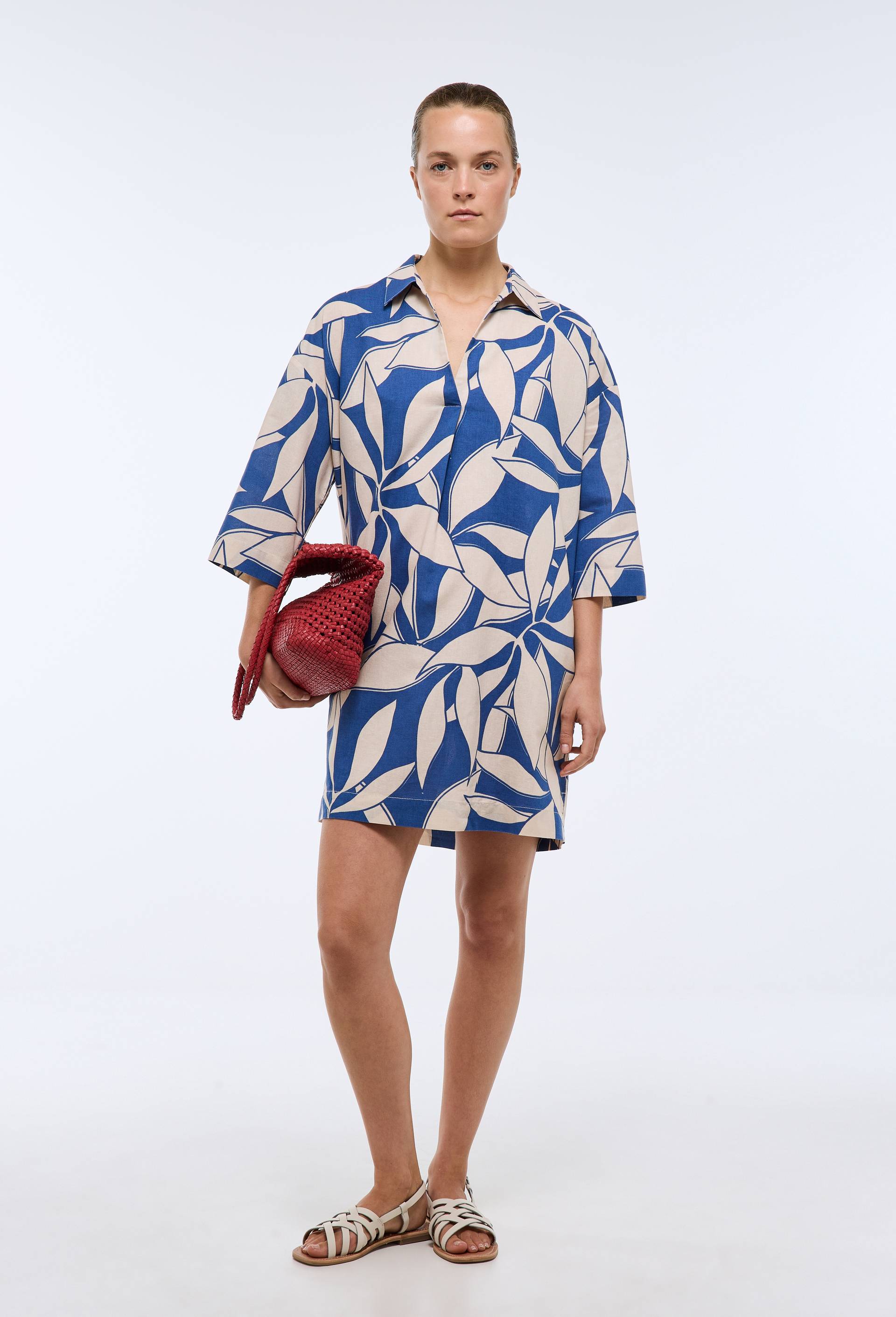 Robe courte imprim&eacute;e contenant du lin, Bleu, large image number 0