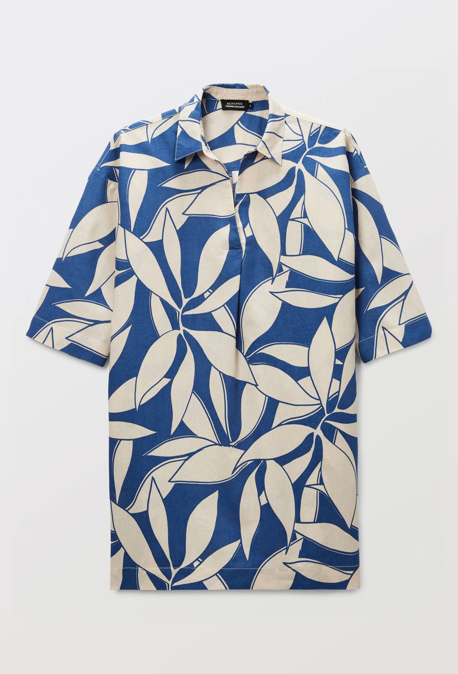 Robe courte imprim&eacute;e contenant du lin, Bleu, large image number 2