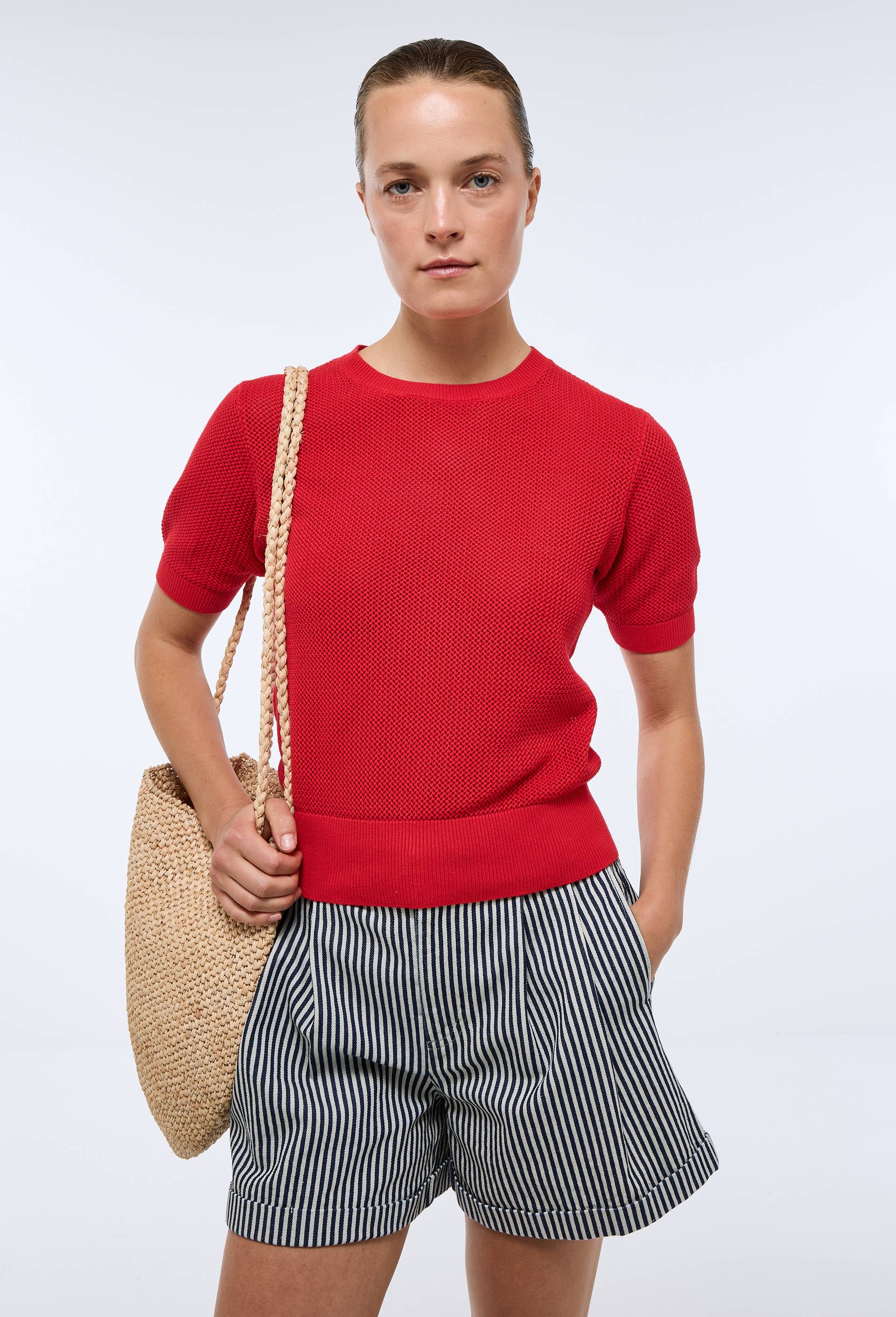 Pull manches courtes &agrave; maille ajour&eacute;e en coton, Rouge, swatch image