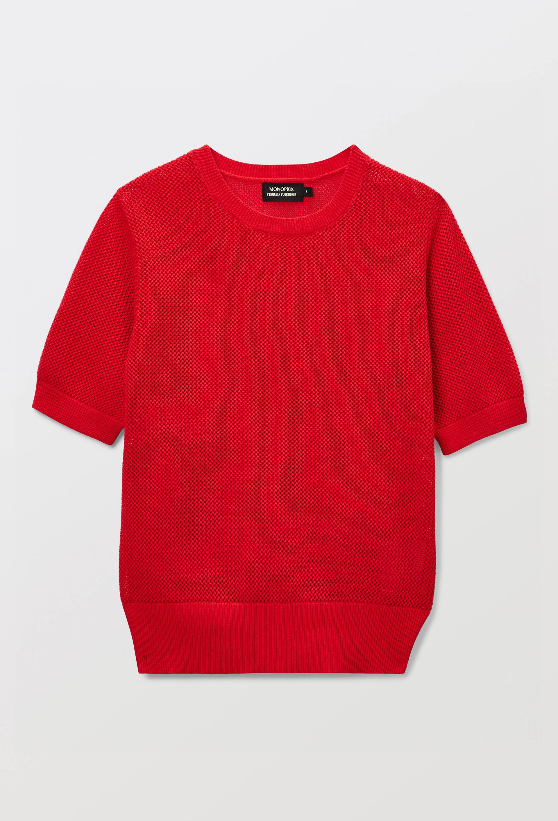 Pull manches courtes &agrave; maille ajour&eacute;e en coton, Rouge, large image number 2