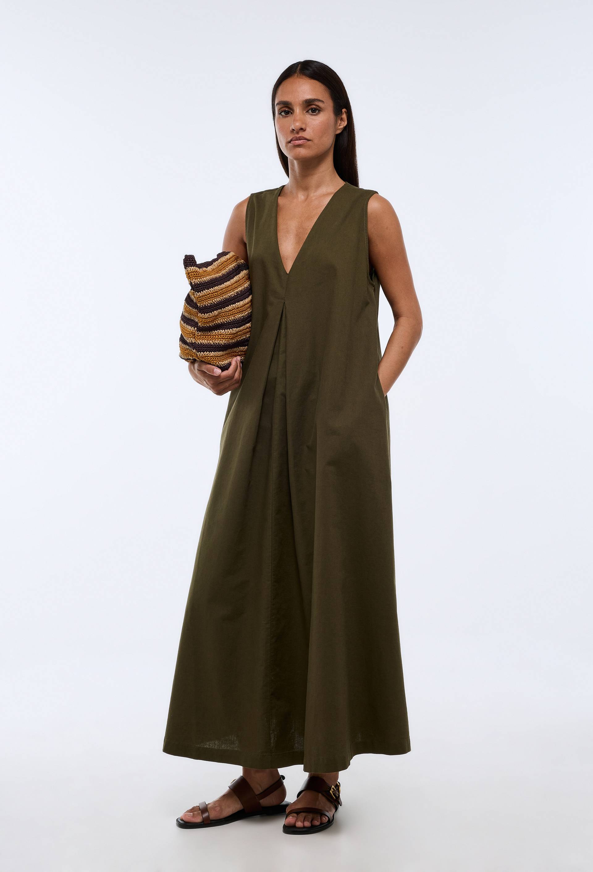 Robe longue unie contenant du lin, Vert fonc&eacute;, large image number 0