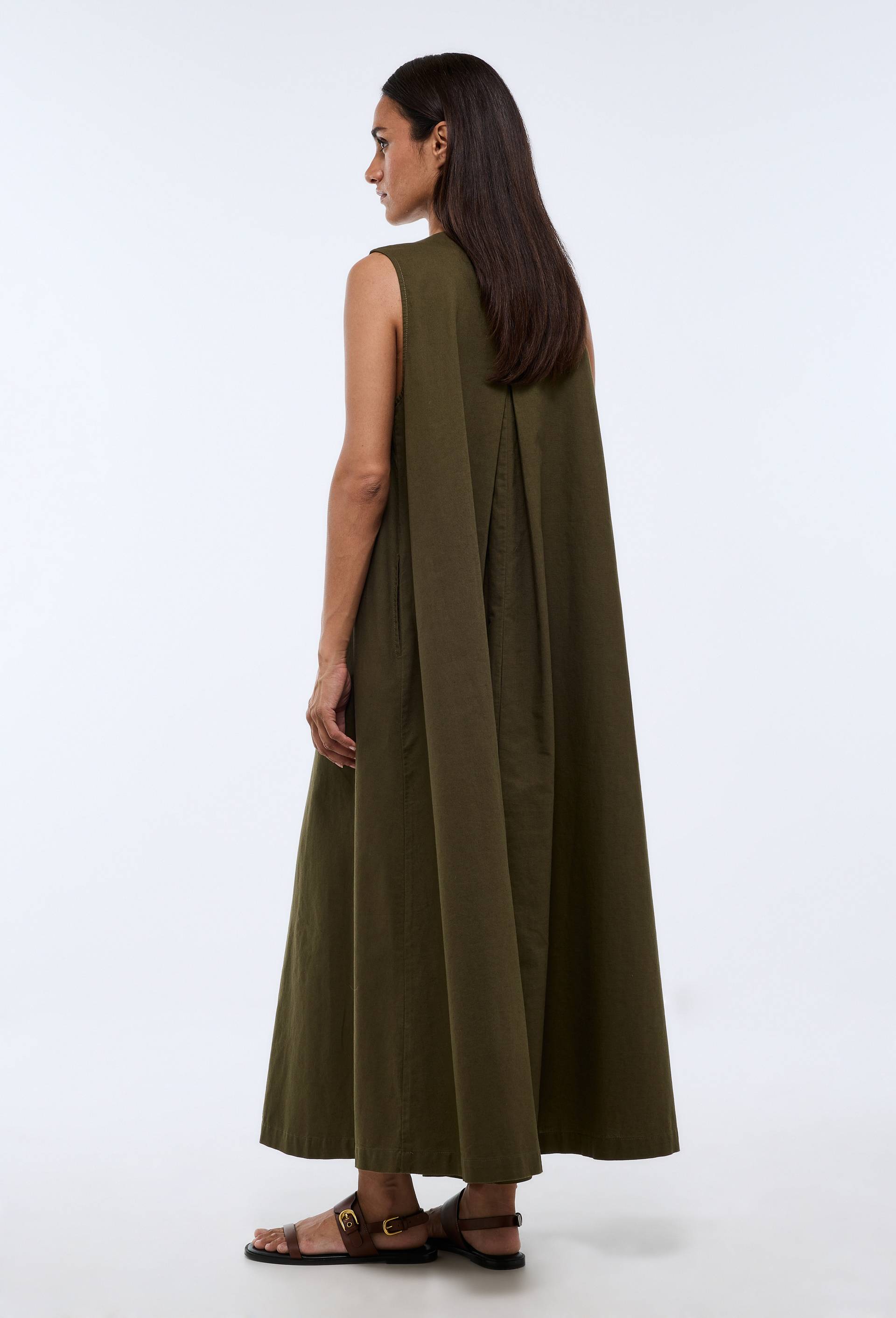 Robe longue unie contenant du lin, Vert fonc&eacute;, large image number 1.0
