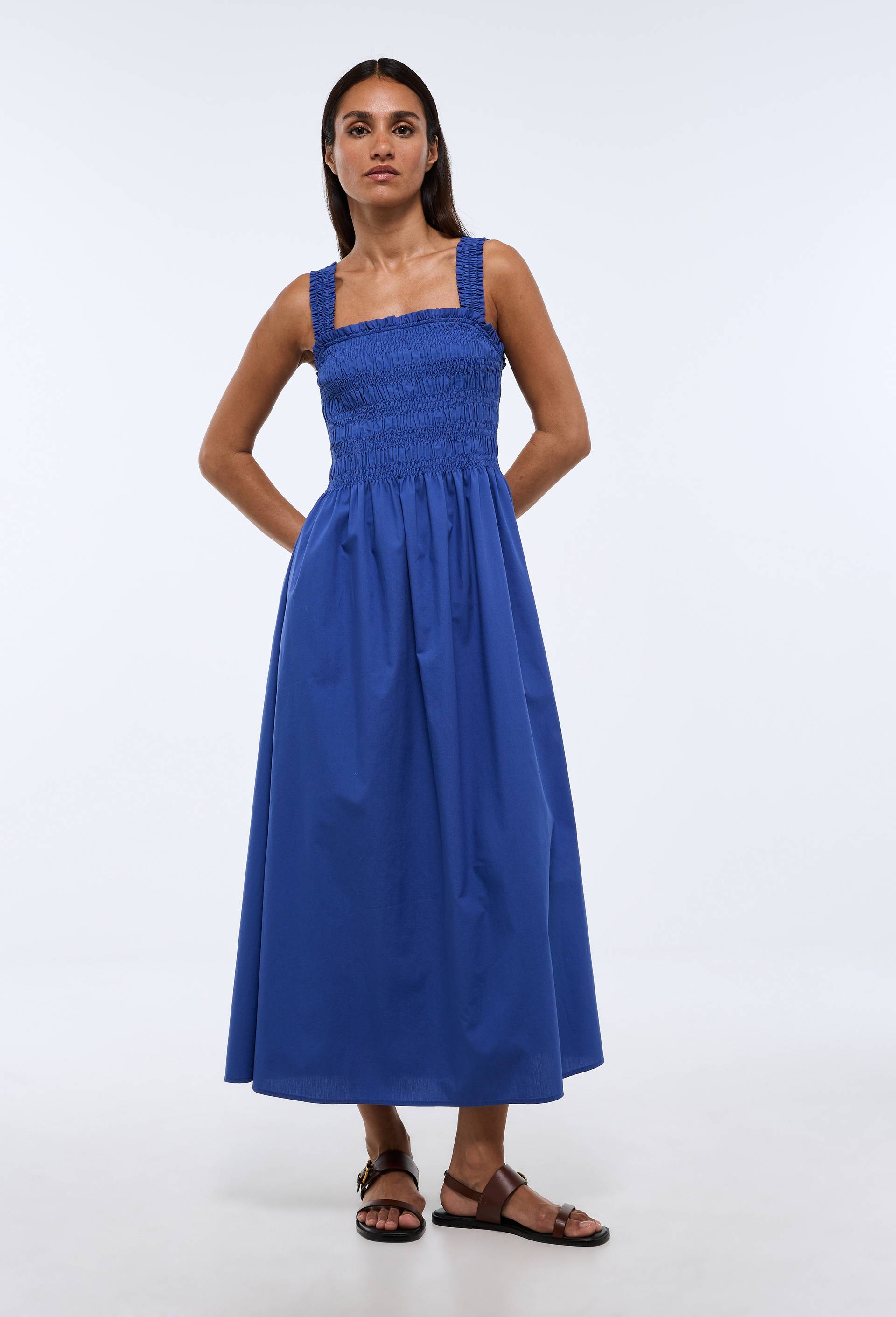 Robe midi smock&eacute;e en coton BIO GOTS, Bleu, large image number 0