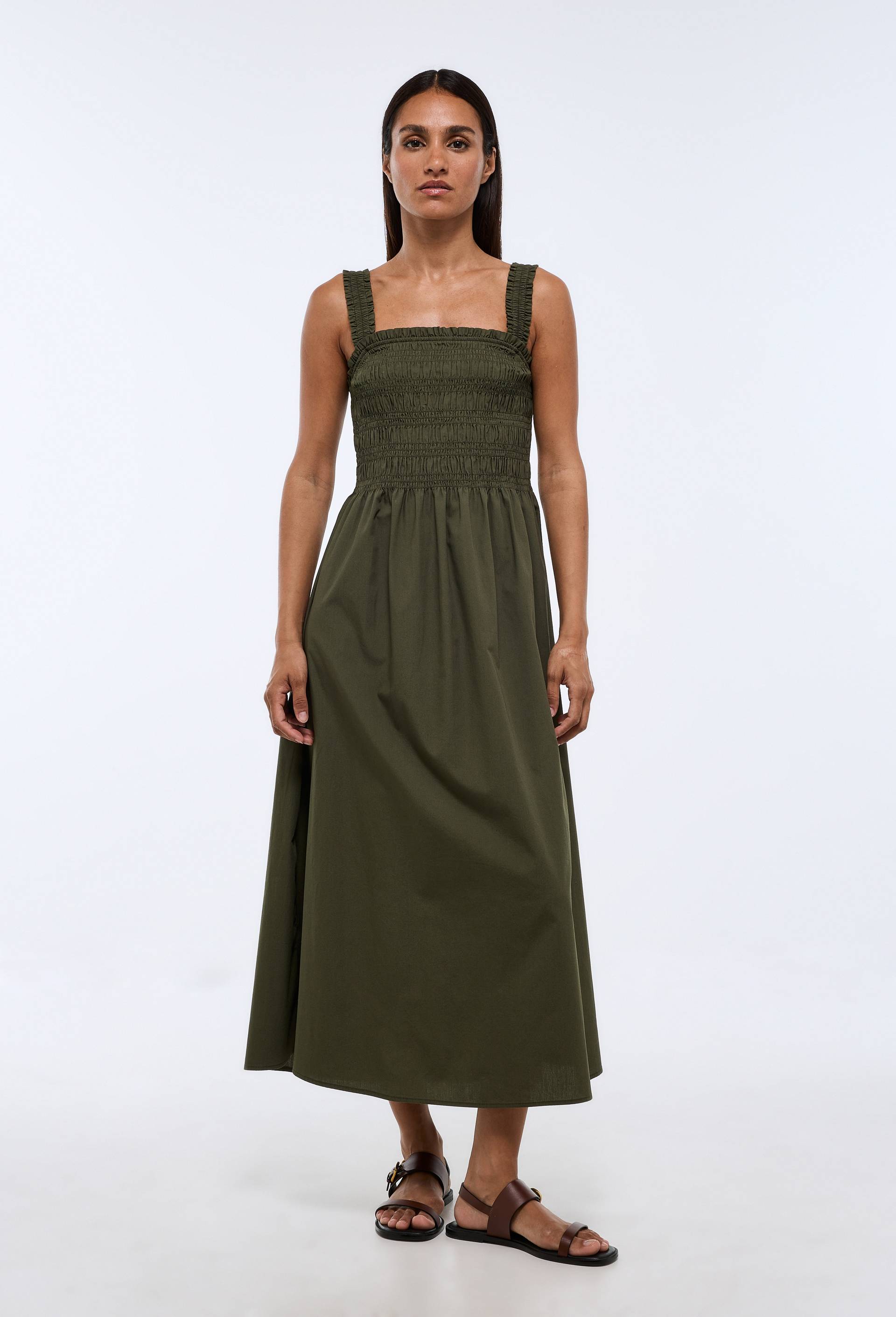 Robe midi smock&eacute;e en coton BIO GOTS, Vert fonc&eacute;, large image number 0