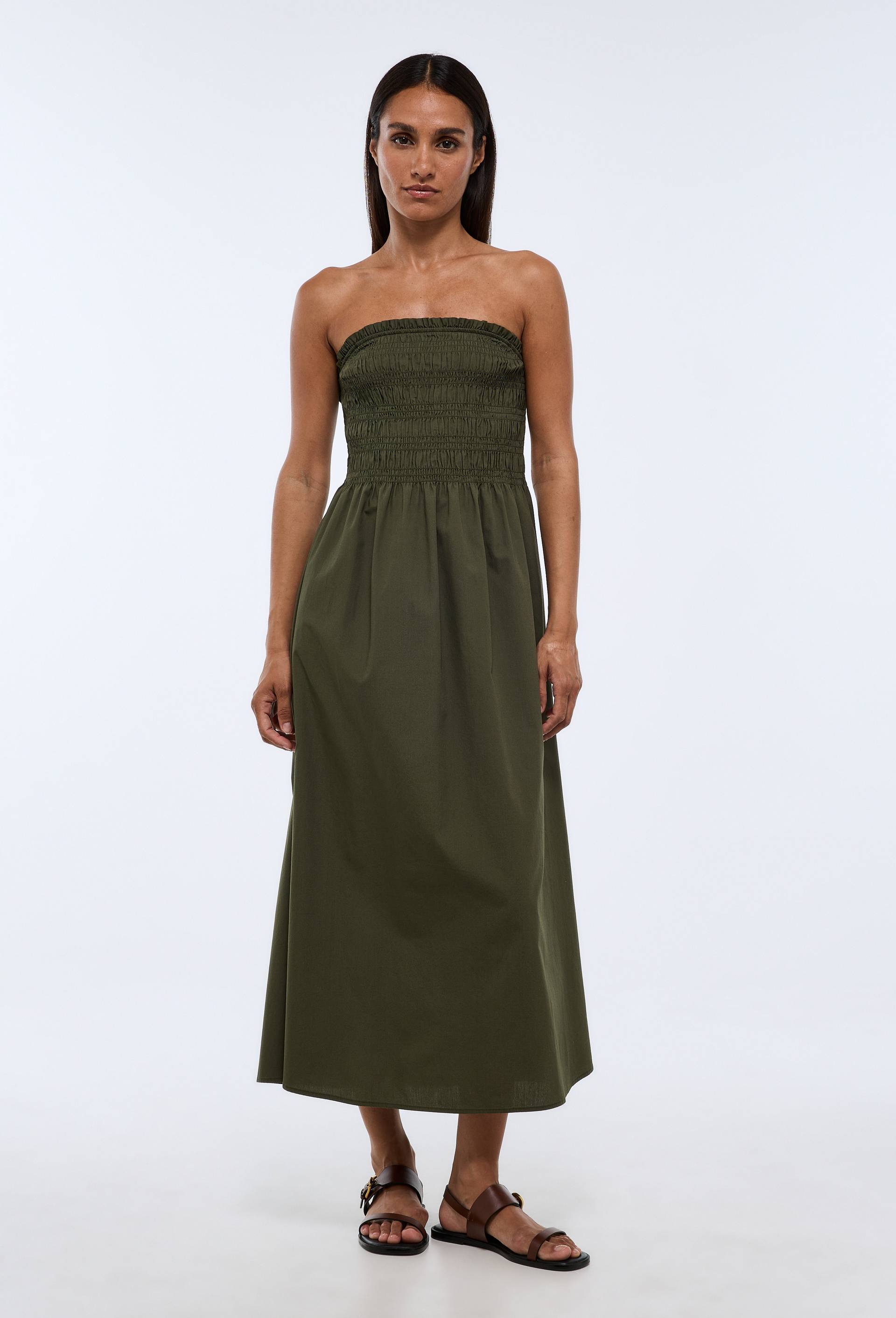 Robe midi smock&eacute;e en coton BIO GOTS, Vert fonc&eacute;, large image number 1.0