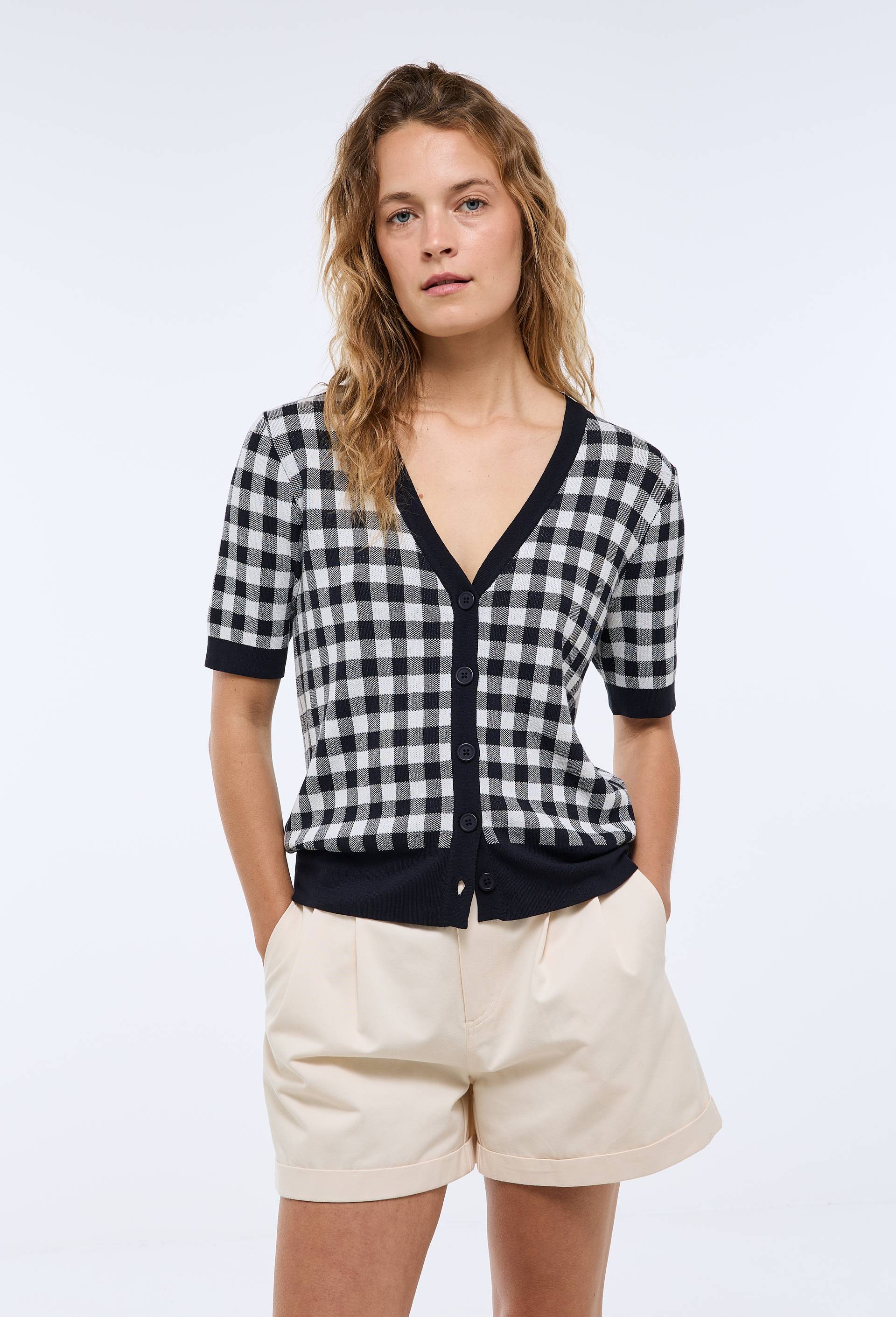 Cardigan manches courtes motif vichy, Bleu fonc&eacute;, large image number 0