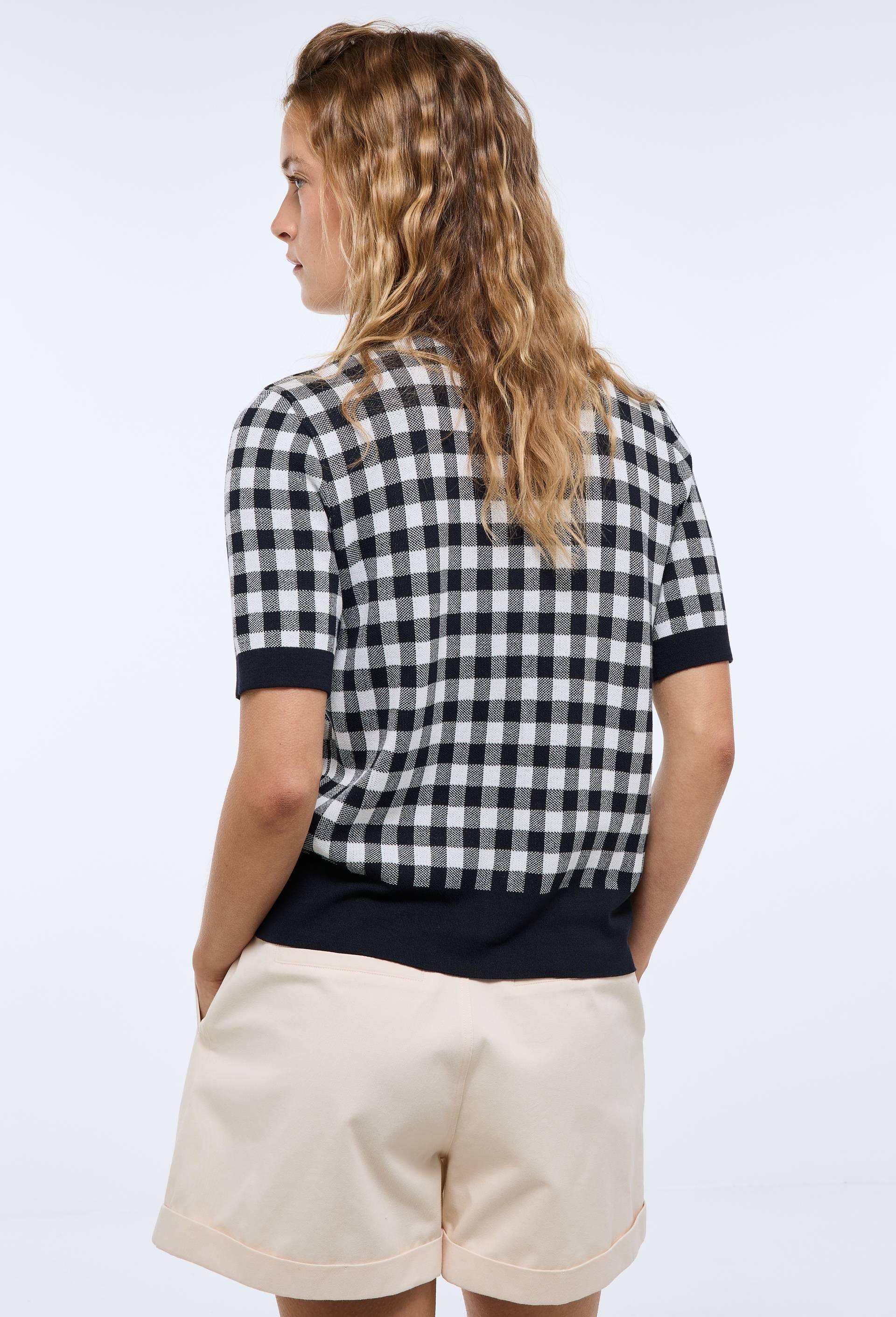 Cardigan manches courtes motif vichy, Bleu fonc&eacute;, large image number 1
