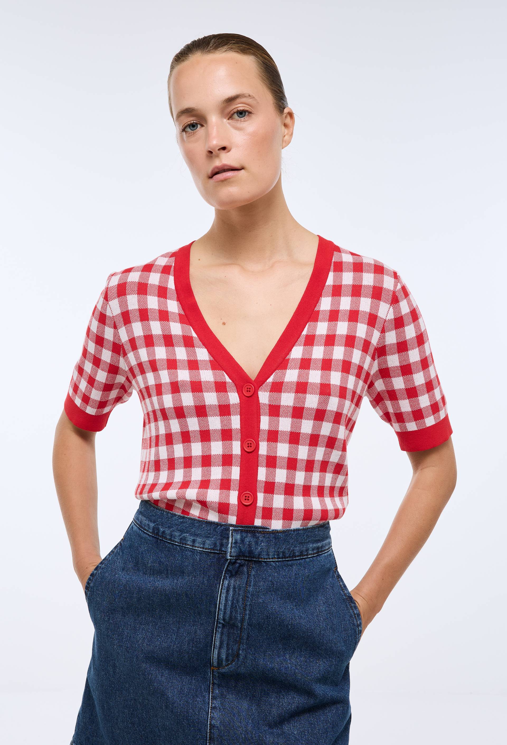 Cardigan manches courtes motif vichy, Rouge, large image number 1.0