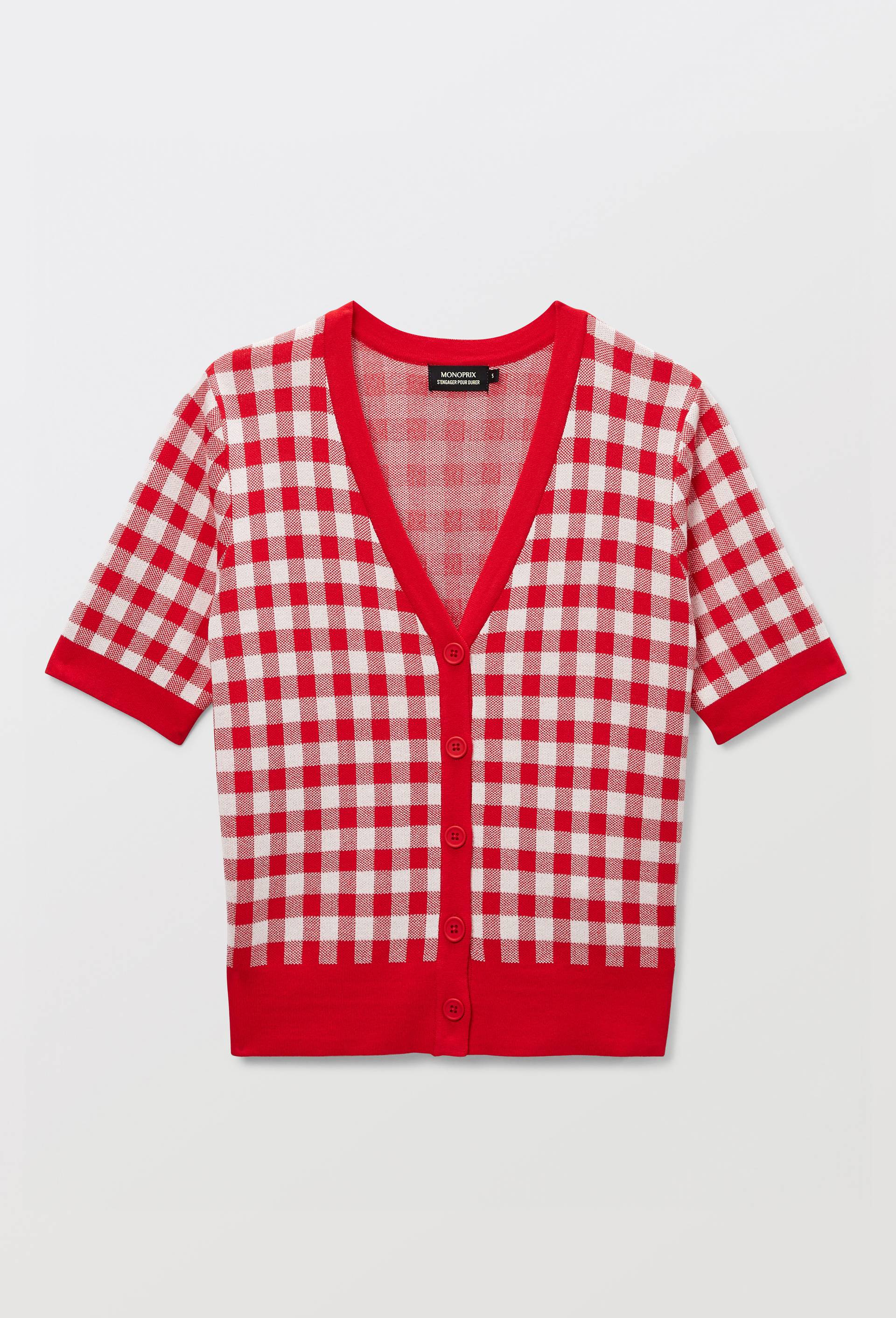 Cardigan manches courtes motif vichy, Rouge, large image number 2.0