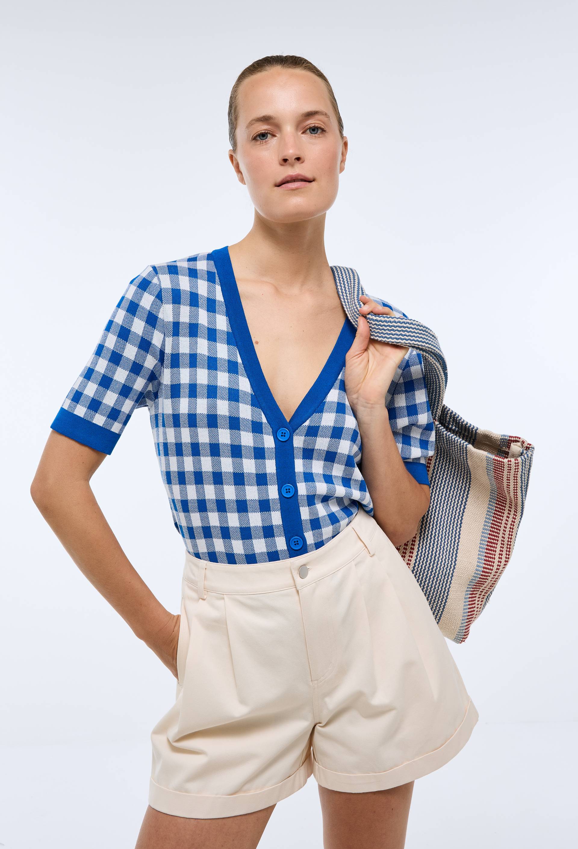 Cardigan manches courtes motif vichy, Bleu, large image number 0